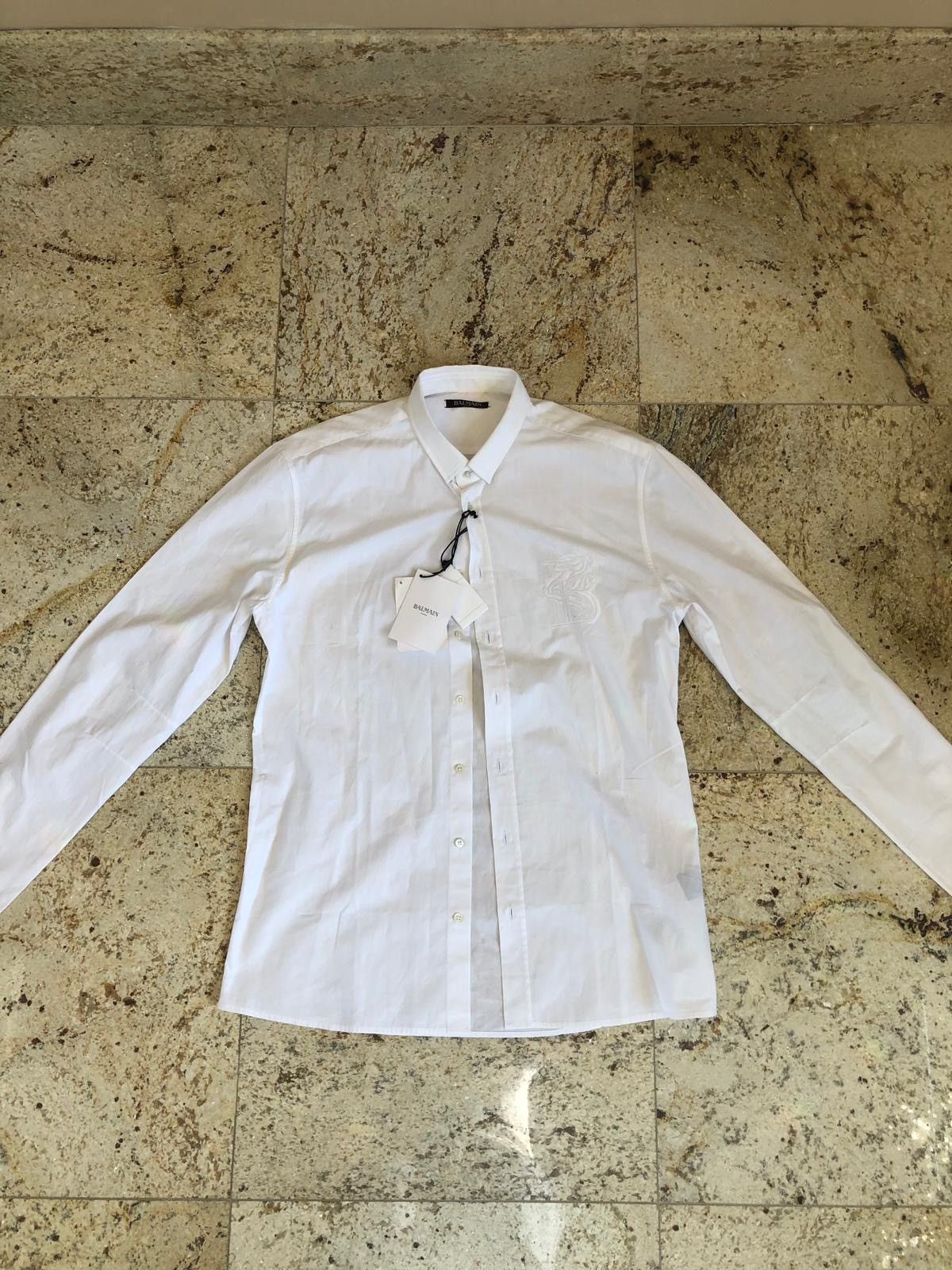 image of Balmain Dragon Embroidered B Logo Button Up In White, Men's (Size Medium)