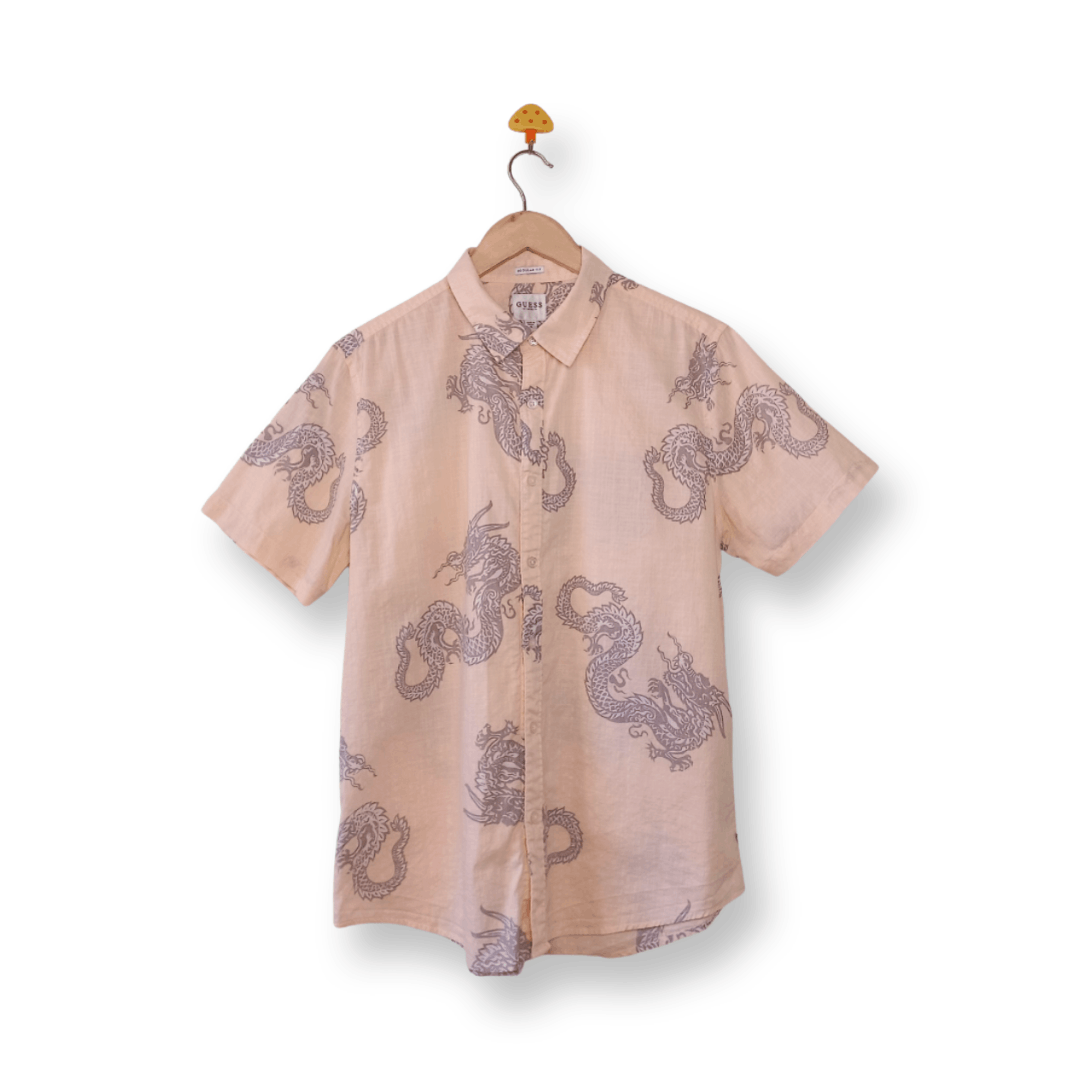 Pre-owned Guess Sunset Dragon Camp Regular Fit S/s Shirt In Pale Pink