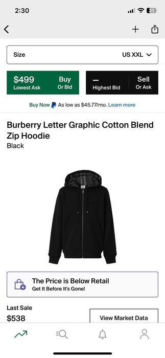 Burberry Letter Graphic Cotton Blend Zip Hoodie Black