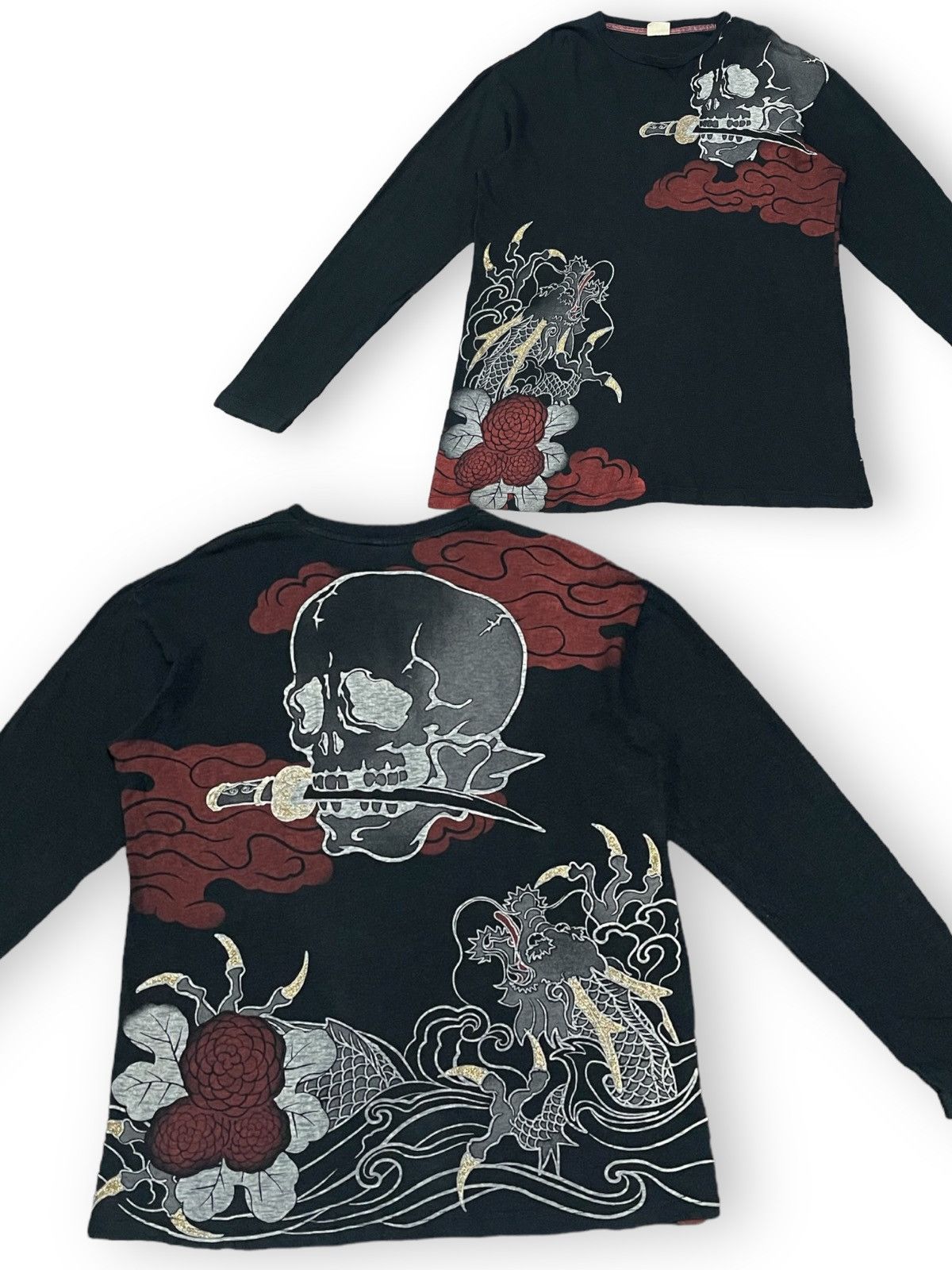 image of Avant Garde Vintage Japan Strange Heaven Overprint Sukajan Skull Dragon in Black, Men's (Size Large