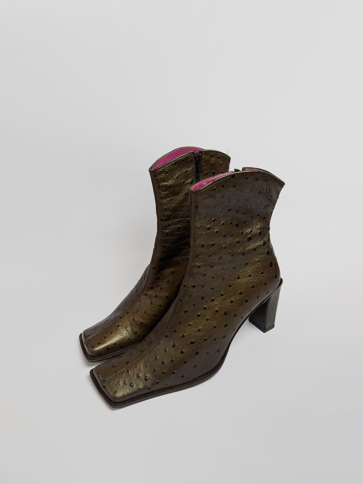 Italian Designers x Leather Vintage Ostrich Leather High Heel Shoes Boots 2Tk in Brown, Women's (Size 9.5)