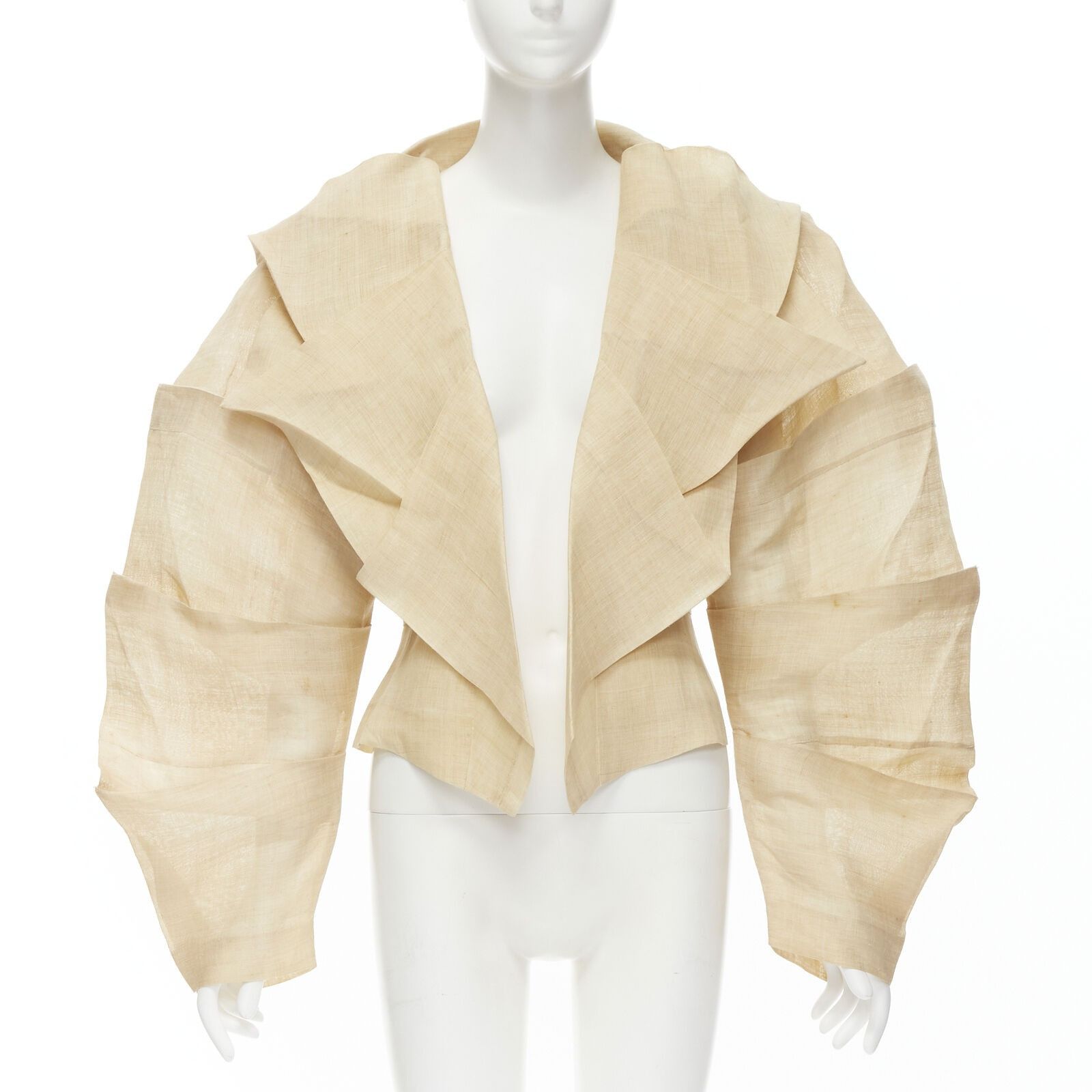 Image of Issey Miyake 1991 Vintage Runway Dinosaur Architectural Pleated Linen Jacket XL in Beige, Women's