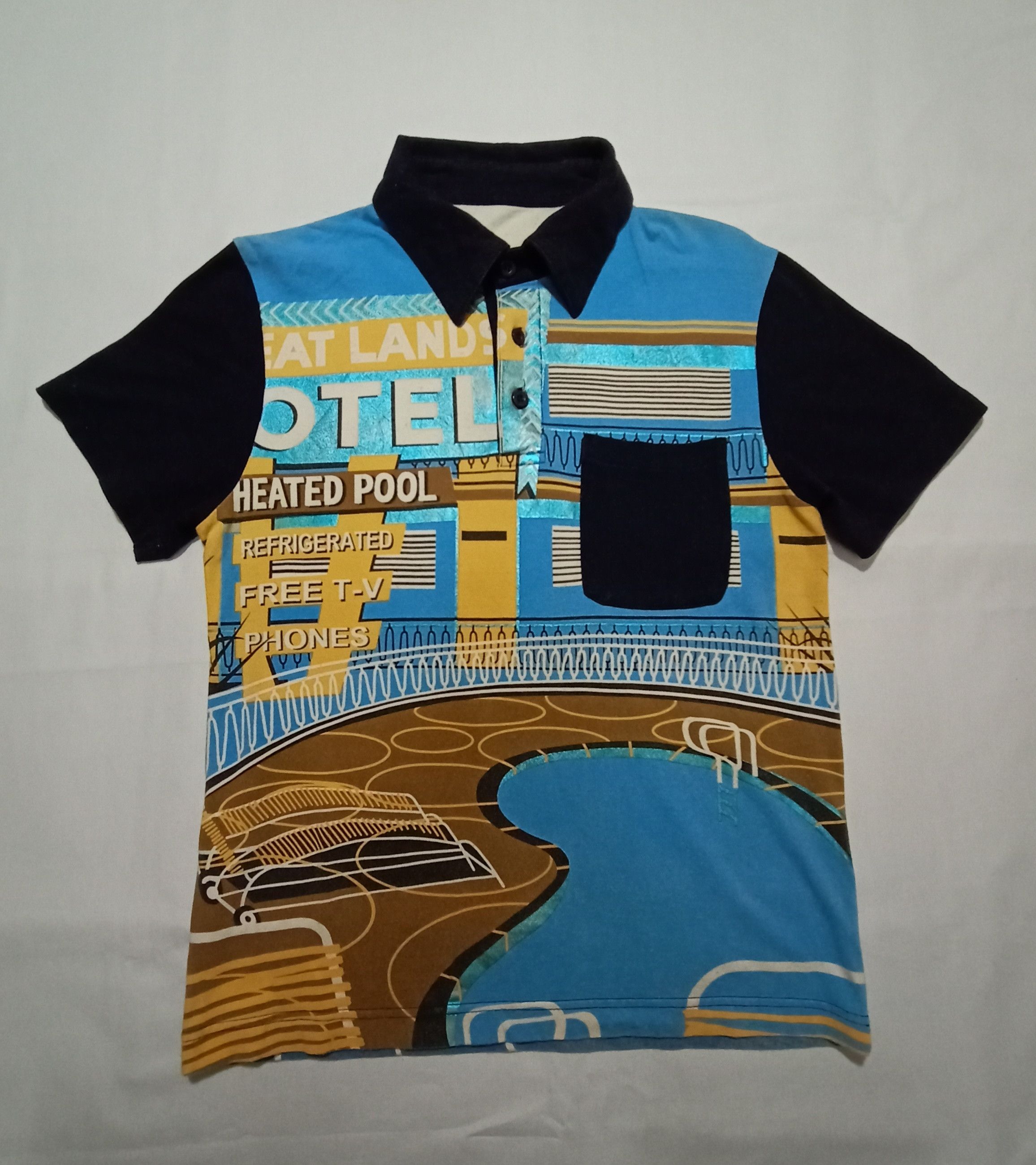 image of Print All Over Me All Over Printed Graphic Art Hotel Promo Polo Shirt in Blue/Black (Size Small)