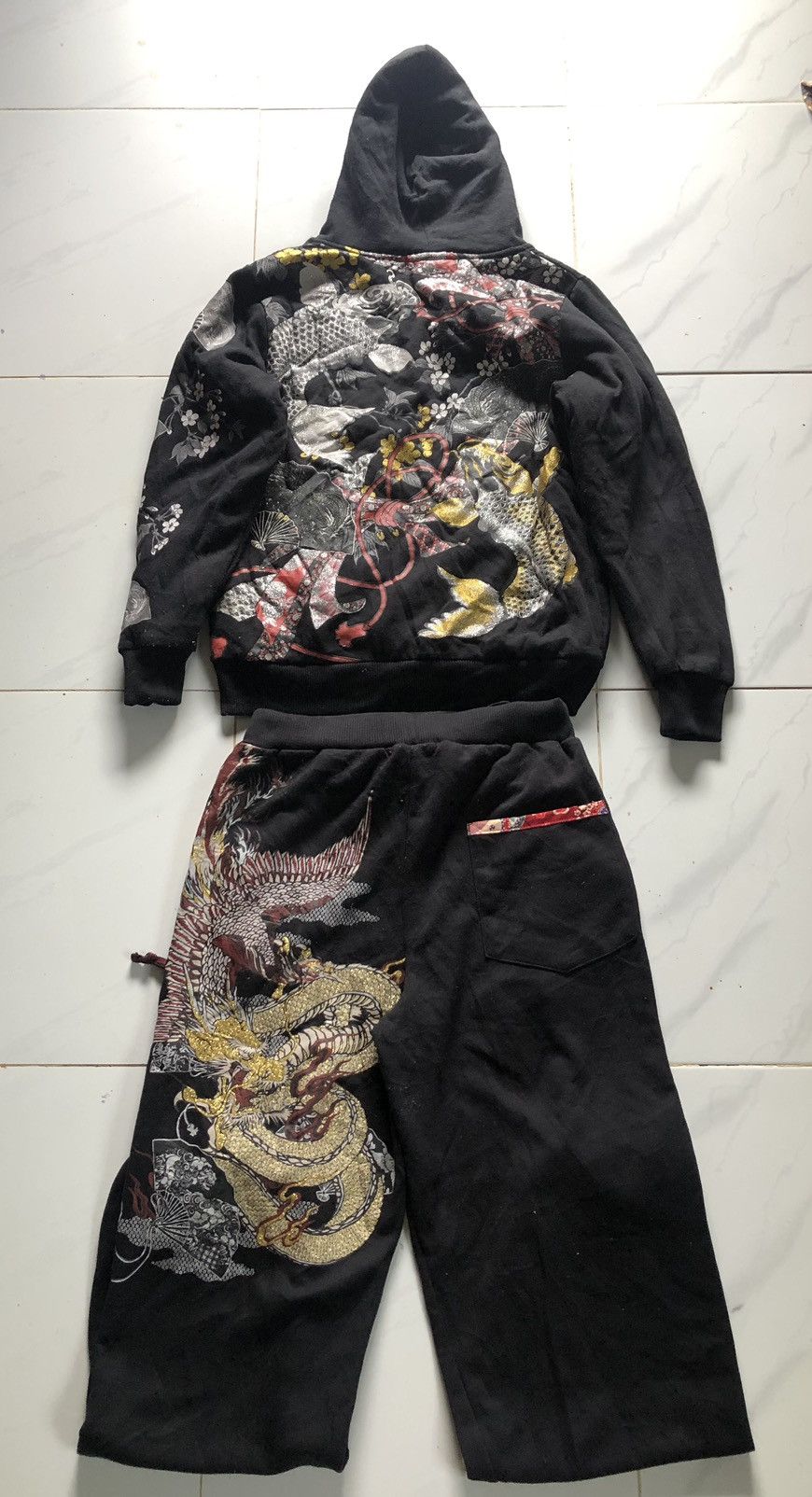 💥TrackSuit💥Souvenir Sherpa Koi Dragon Zip Up Black Sweaters
