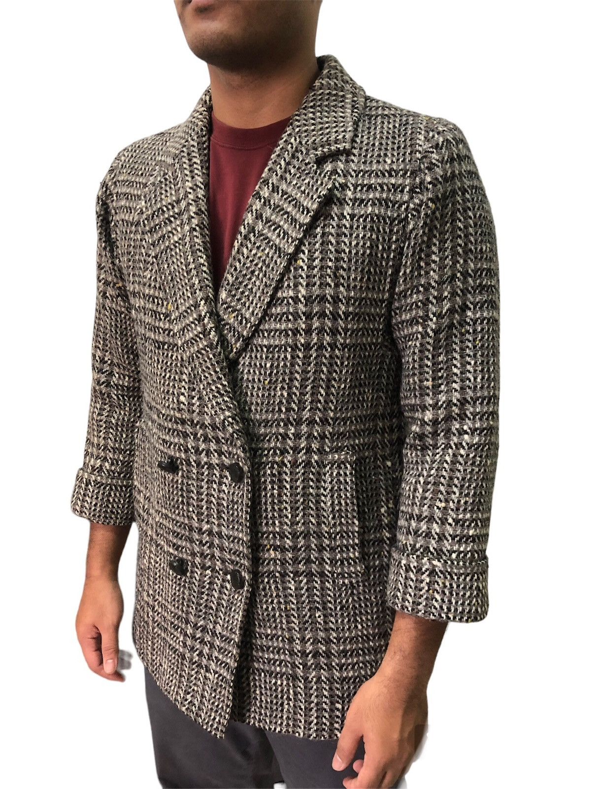 Vtg Burberry Three Quarter Sleeve Checked Wool Jacket