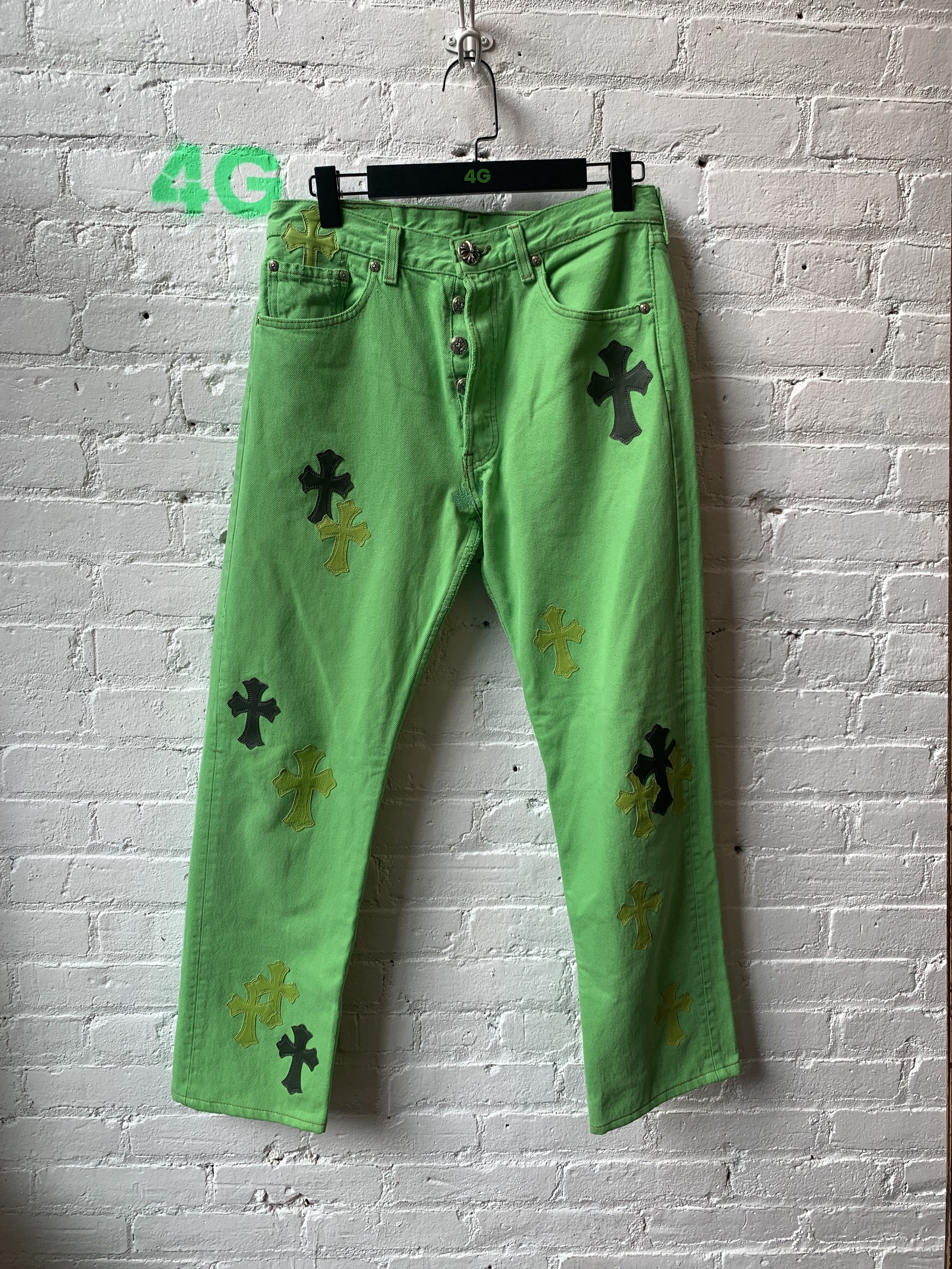 Image of Chrome Hearts Lime Green Cross Denim Levis, Men's (Size 30)