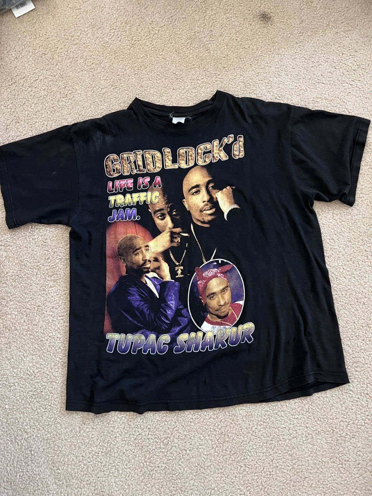 image of Band Tees x Rap Tees Vintage Tupac 2Pac Gridlock’D 1990S Rap Hip Hop 90's Tee in Black (Size 2XL)