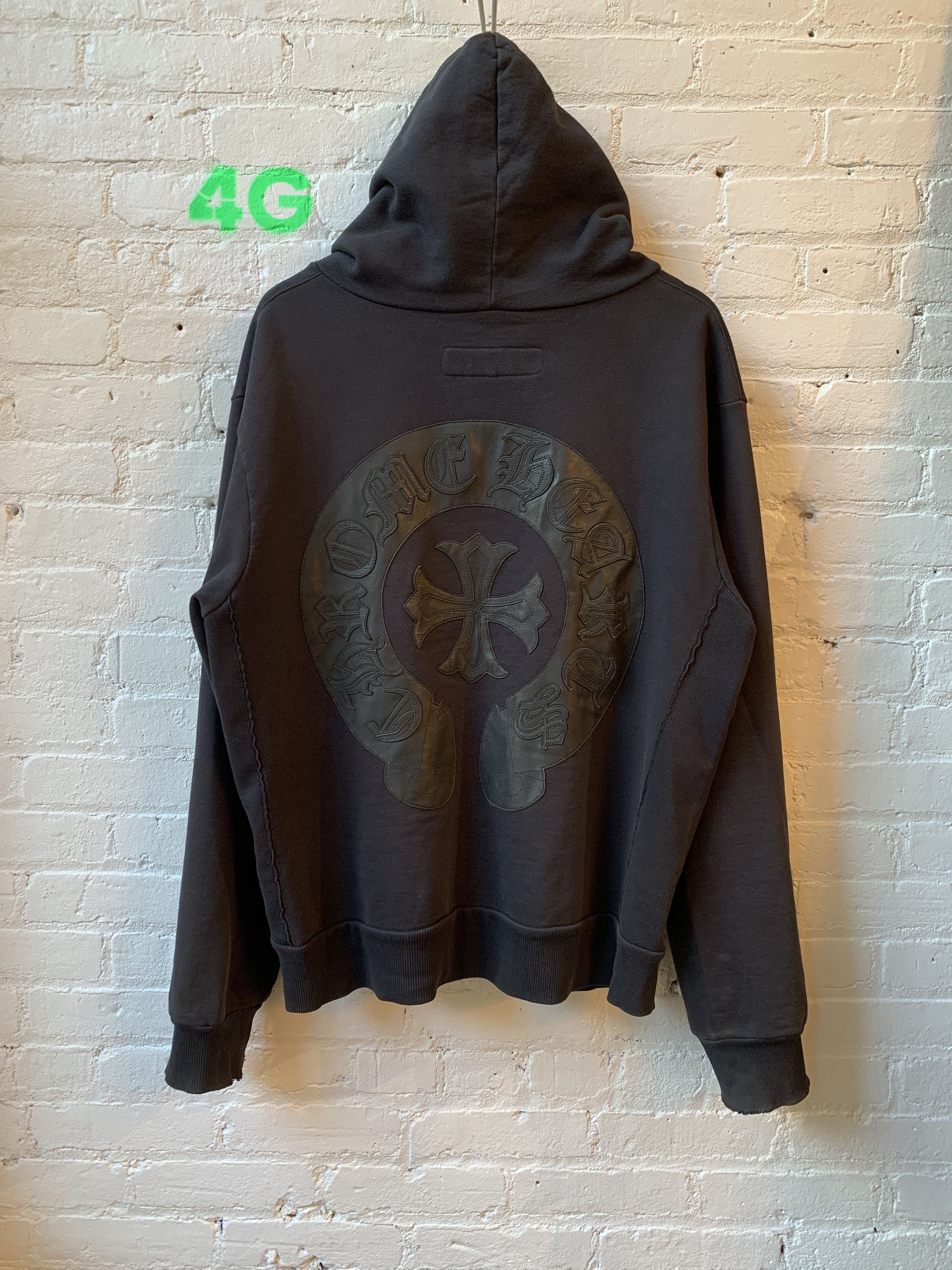 image of Chrome Hearts Oversized Leather Patch Spellout Hoodie Jacket in Black, Men's (Size Large)