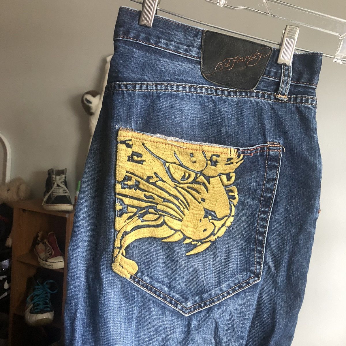 Pre-owned Christian Audigier X Ed Hardy Vintage Y2k Don Ed Hardy Lion Chainstitch Denim Jean Shorts In Washed Blue/yellow