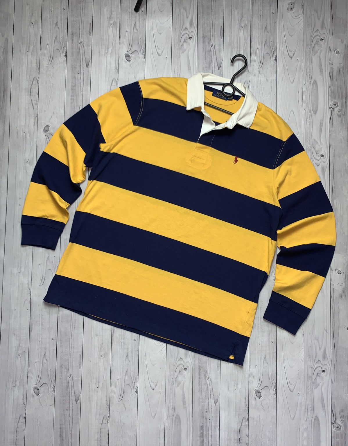 Polo Ralph Lauren × Vintage Vintage rugby Polo Ralph Lauren big logo striped yellow/blue Size US XL / EU 56 / 4 - 1 Thumbnail