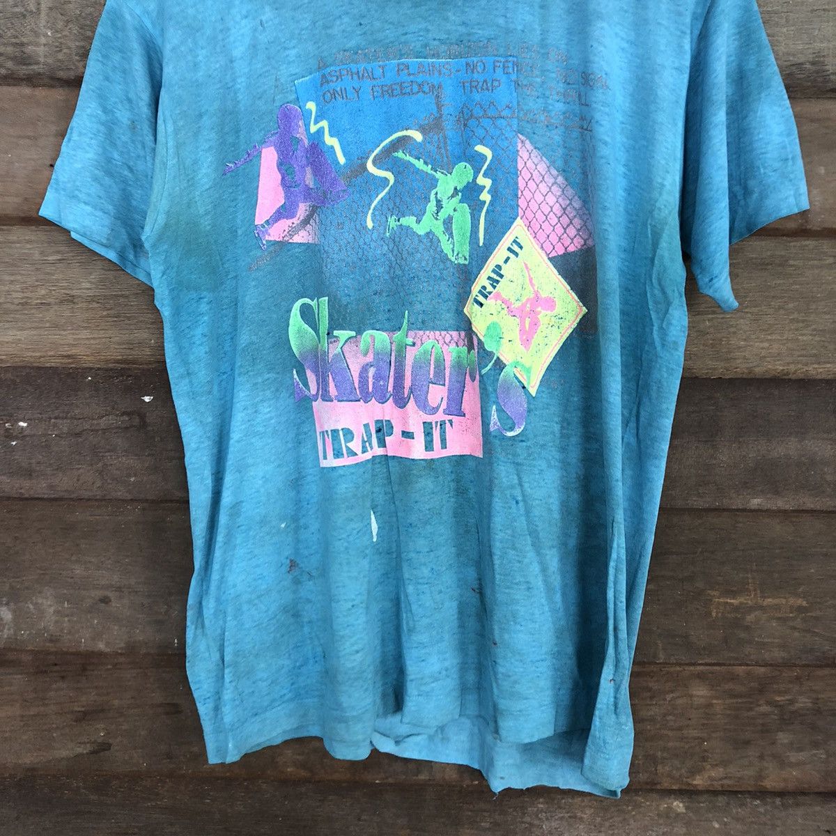 Vintage D Skater Trap it vintage thrashed skate Blue worn Tee #3145 Size US L / EU 52-54 / 3 - 6 Thumbnail