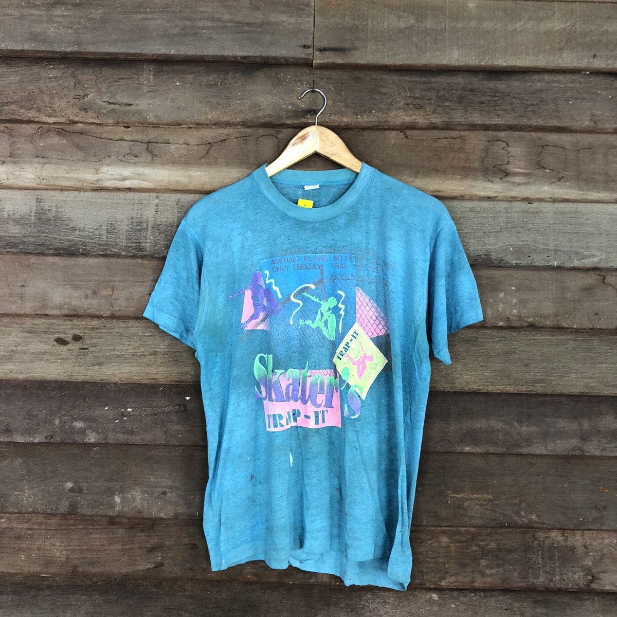 Vintage D Skater Trap it vintage thrashed skate Blue worn Tee #3145 Size US L / EU 52-54 / 3 - 1 Thumbnail