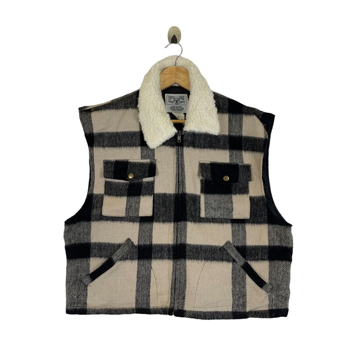 image of Vintage Houston United Garment Workwear Tartan Wool Zipper Vests in Beige/Black, Men's (Size Medium