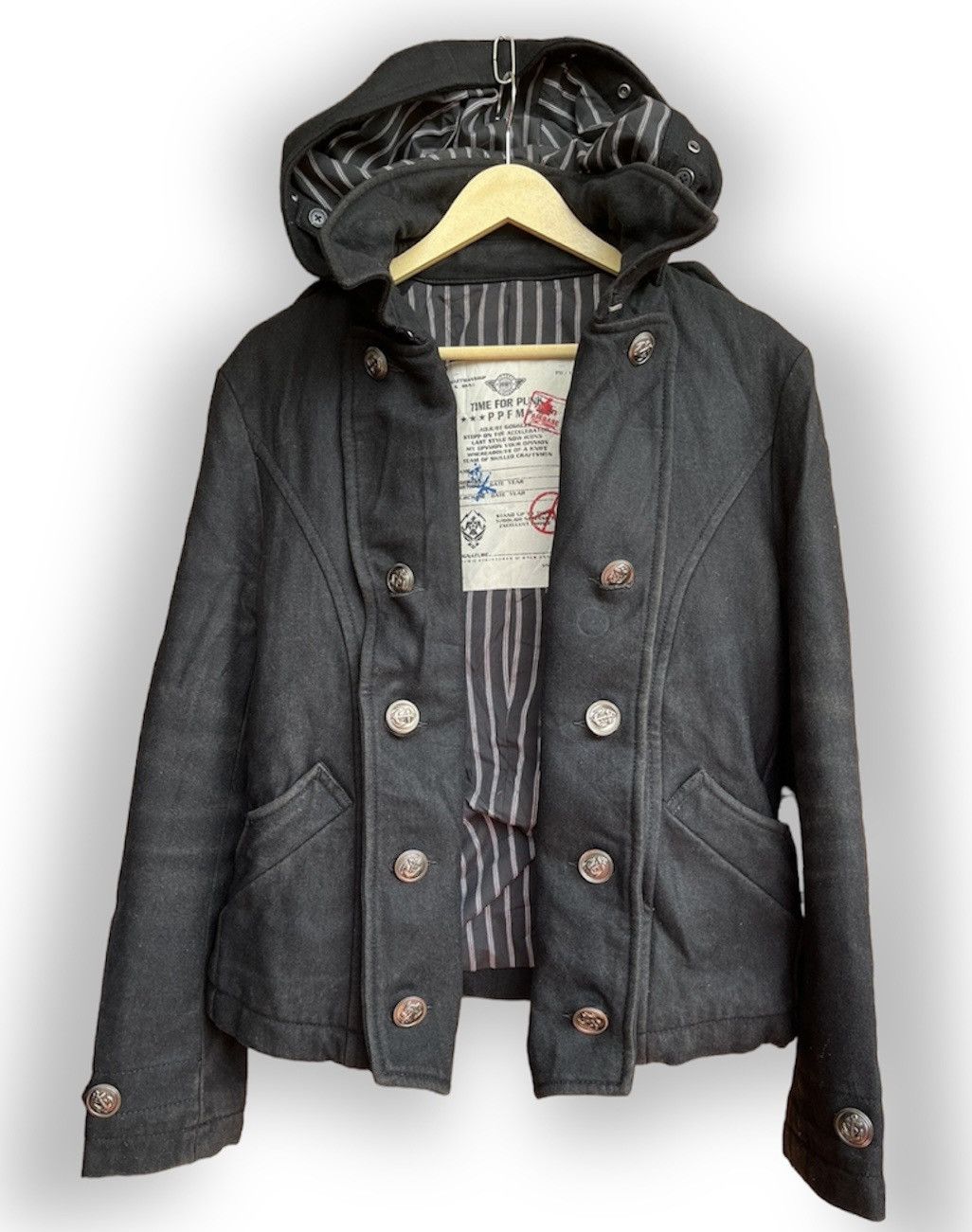 image of Ppfm Double Breasted Coat Buttons With Hoodie in Black, Men's (Size Medium)