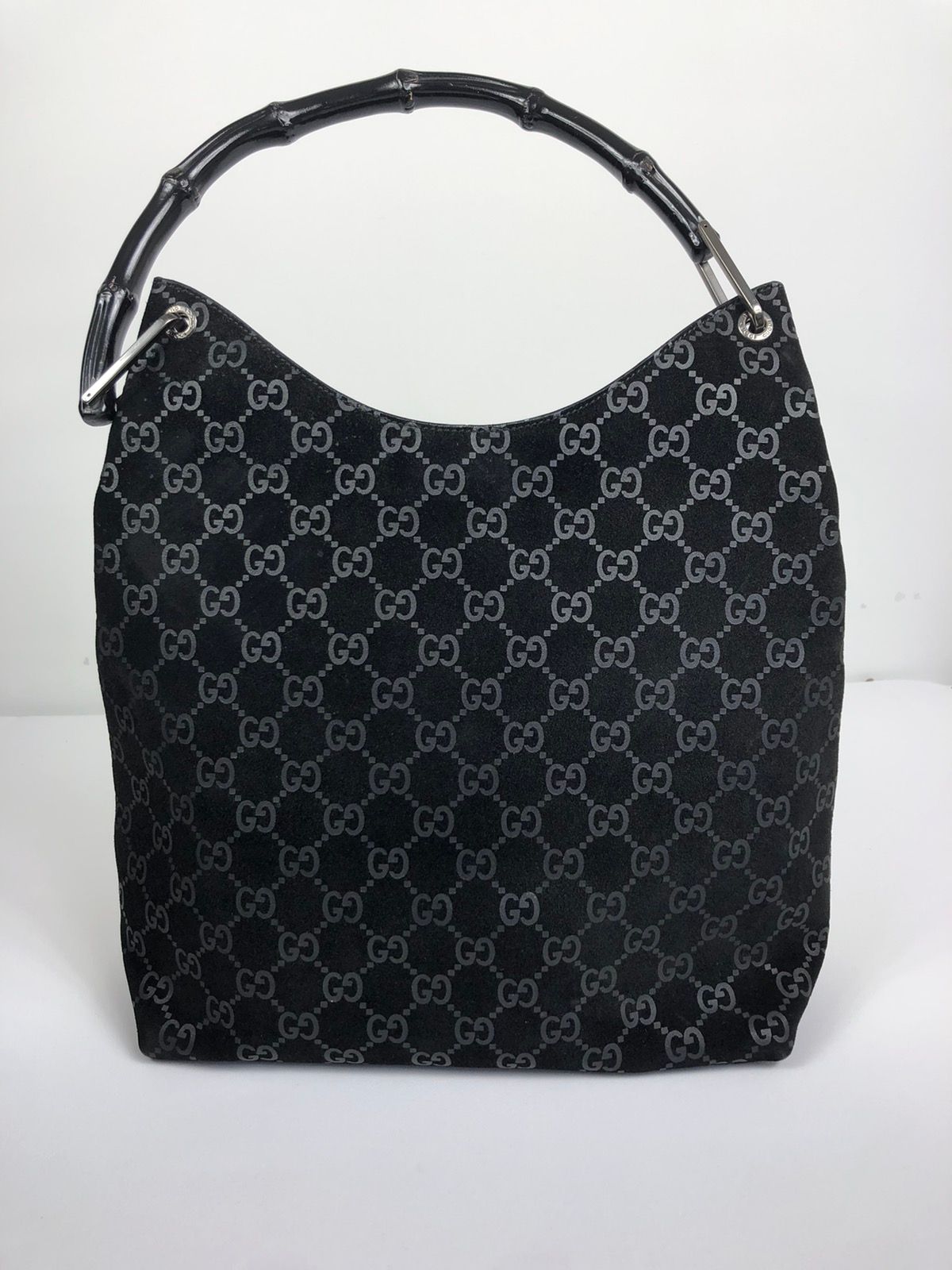 Pre-owned Gucci Gg Suede Monogram Shoulder Bag In Black