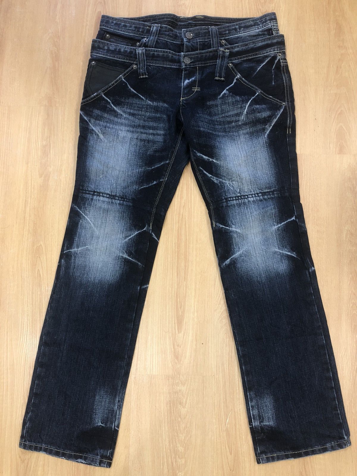image of Ppfm Double Waist Distressed Denim Punk Style Blue, Men's (Size 33)