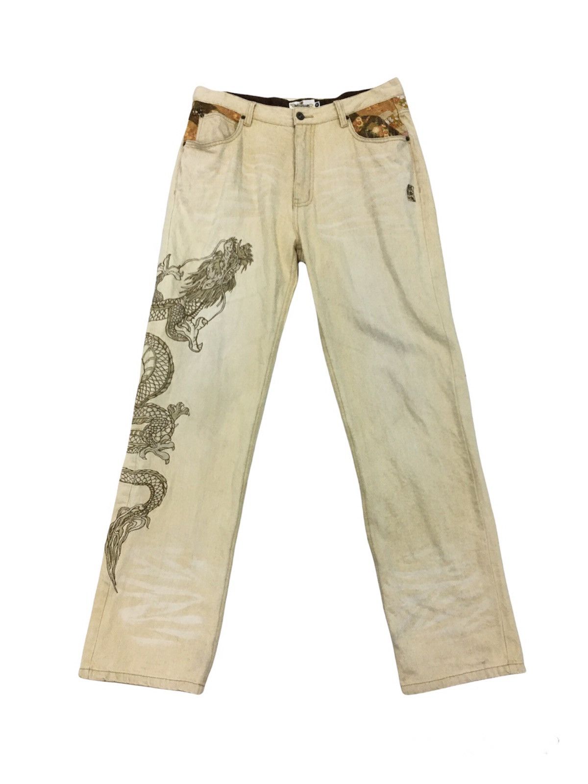 image of Designer Kara Kuri Embroidered Dragon Jeans in Beige, Men's (Size 36)