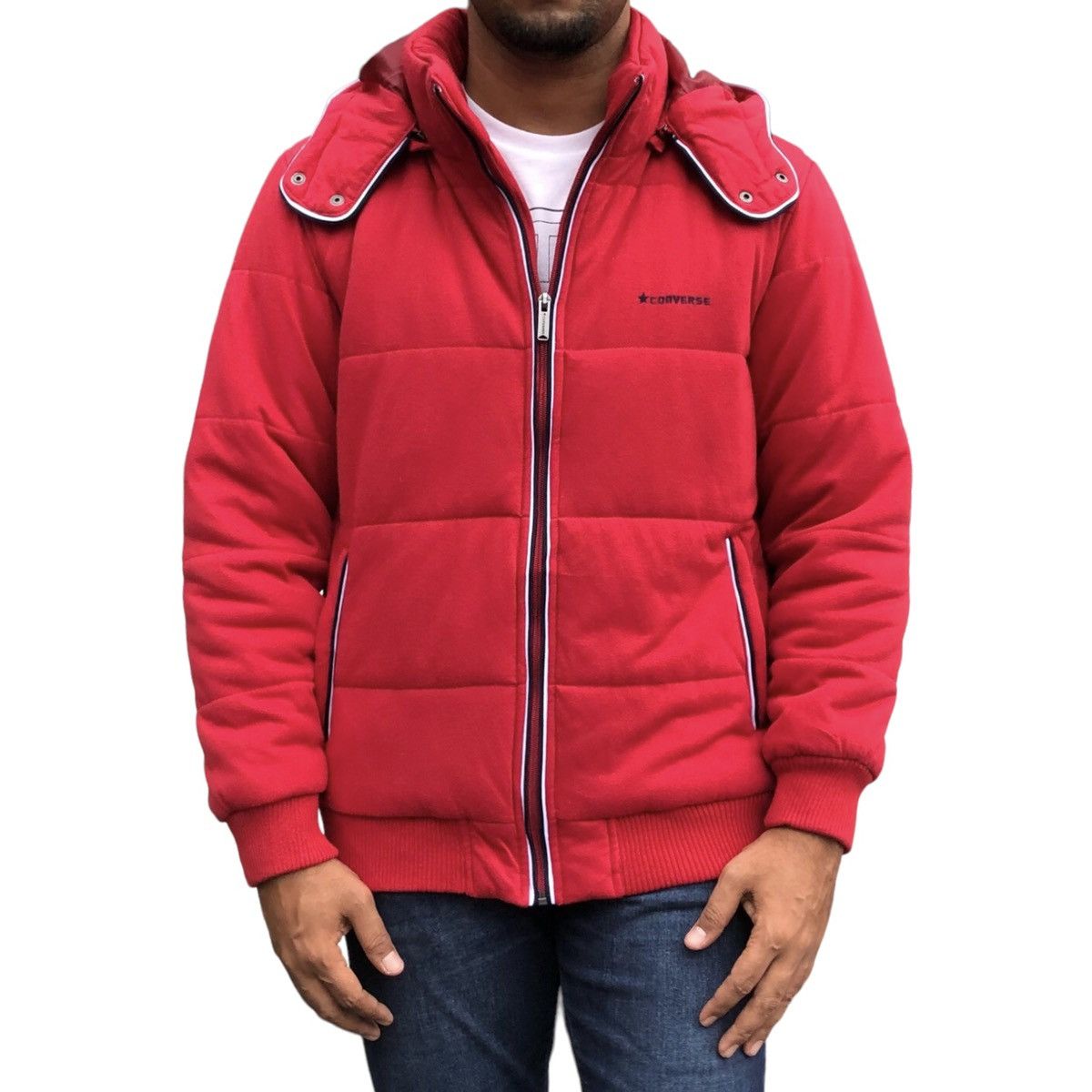 image of Converse Embroidery Spellout Puffer Jacket With Hoodie in Red, Men's (Size Large)