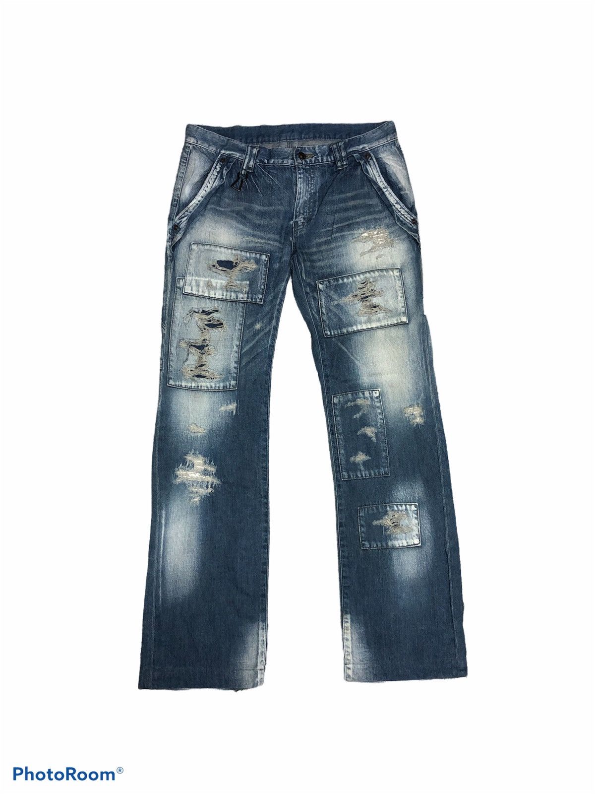 image of Distressed Denim Halb Patches Distressed Carpenter Jeans in Blue, Men's (Size 33)