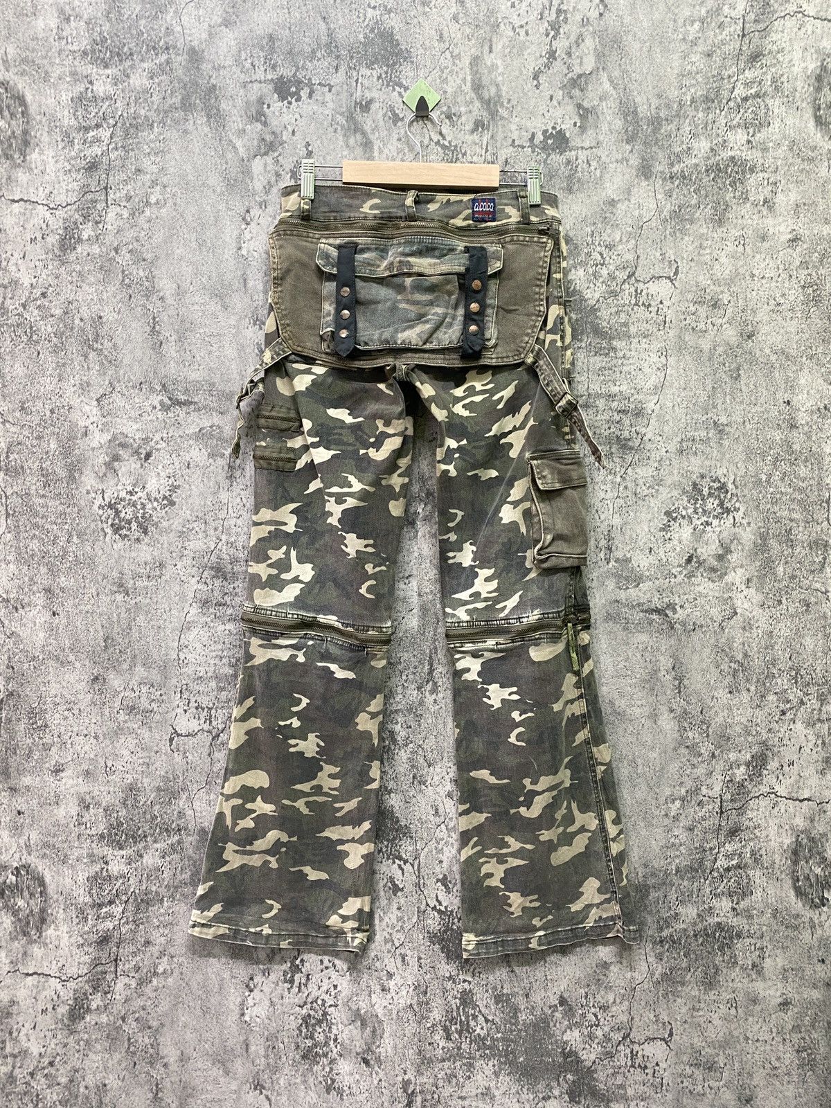 image of Military x Vintage Japan Acoco Camo Cargo Flare Zipper Knee Low Rise Pant, Men's (Size 29)