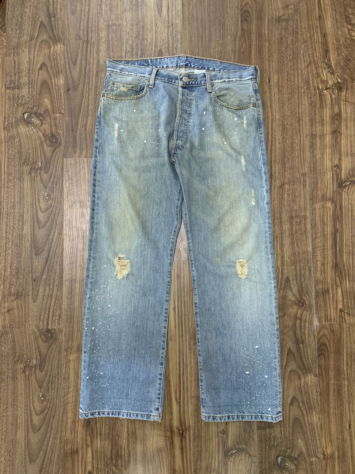 image of Distressed Denim x Levis 501 Distressed Paint Splatter Denim, Men's (Size 36)