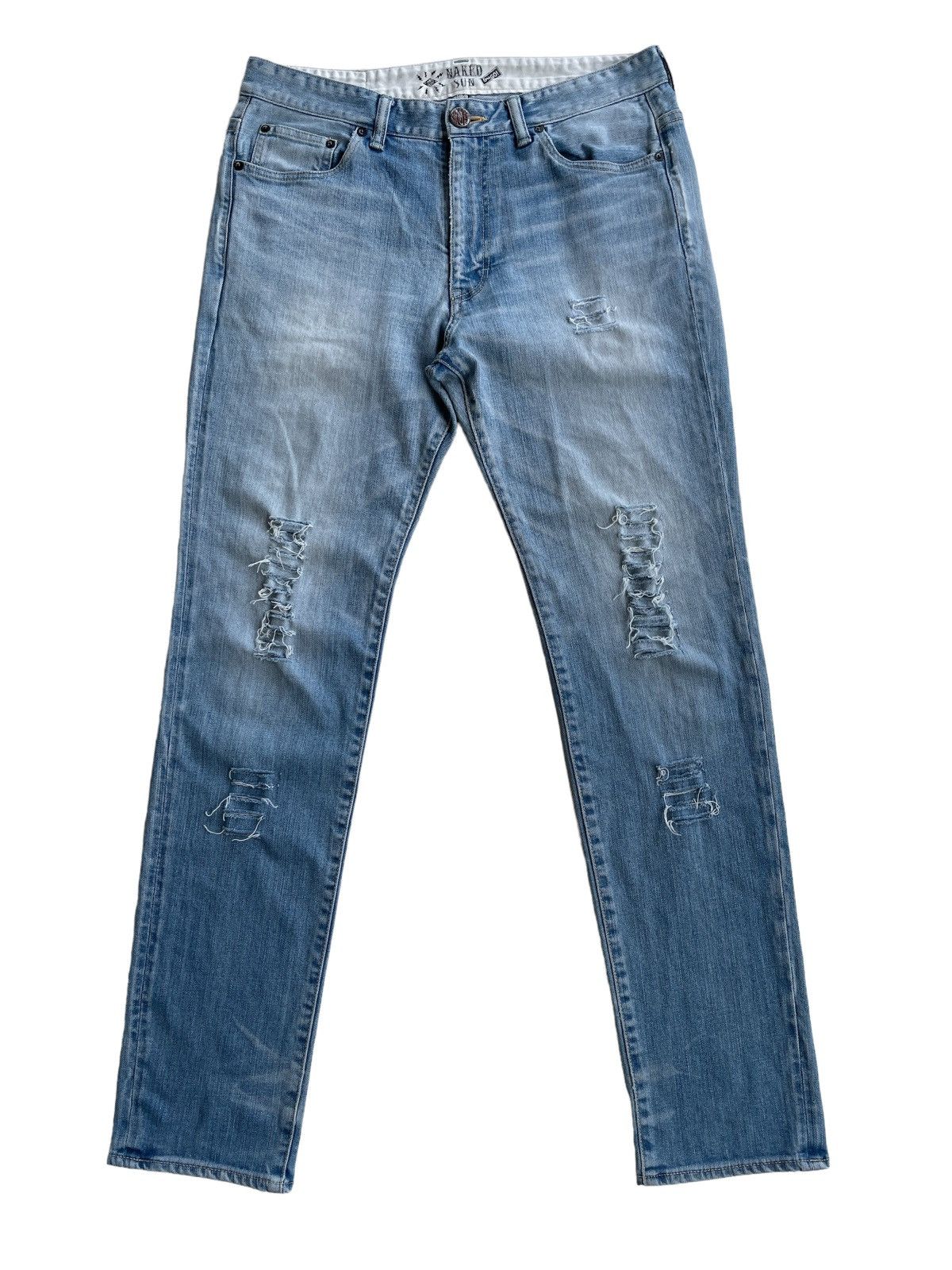 image of Distressed Denim Naked Sun Distressed Ripped Jeans in Light Blue, Men's (Size 31)