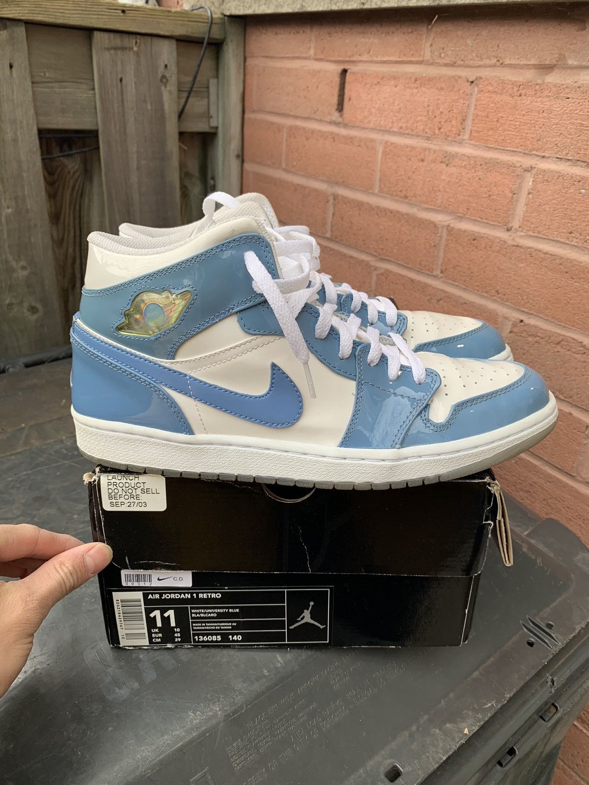 image of Jordan Nike Air Jordan 1 Retro Unc Patent Shoes in Carolina Blue, Men's (Size 11)