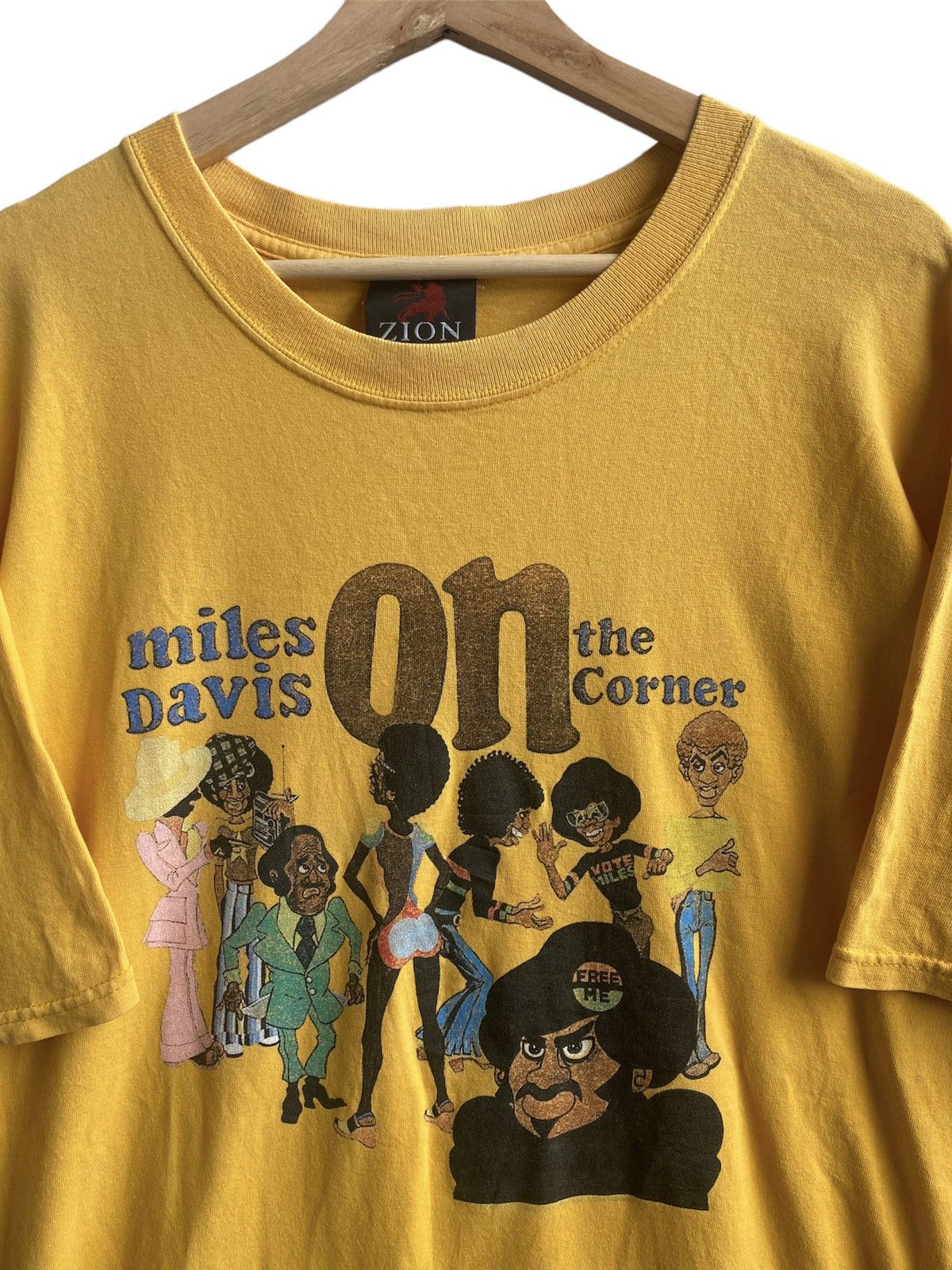 Image of Band Tees Vintage Distressed Miles Davis On The Corner Tee in Yellow, Men's (Size XL)