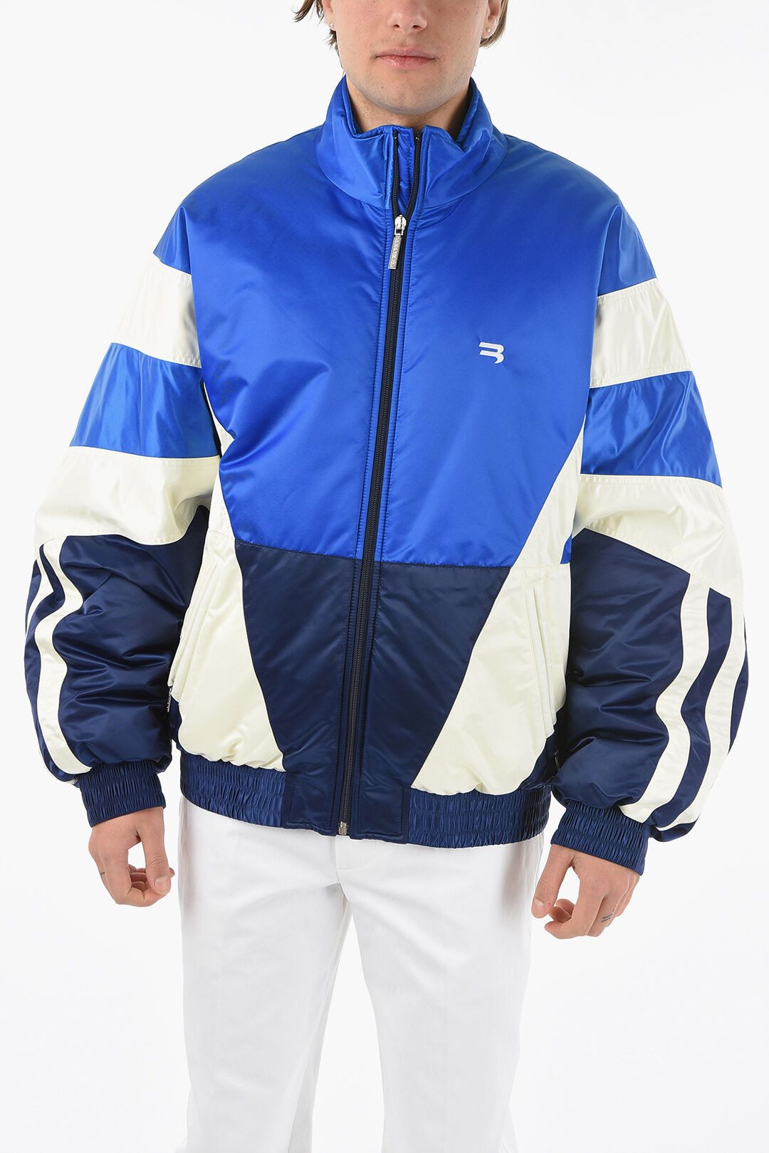 image of Balenciaga Padded Tracksuit Bomber Jacket With Embroidered Logo in Blue, Men's (Size Small)