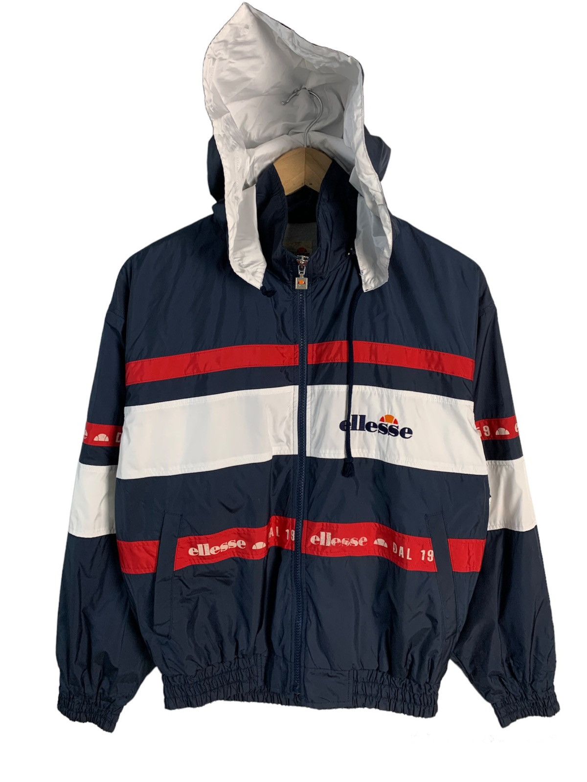 Image of Ellesse Stripe Hooded Windbreaker Jacket in Blue, Men's (Size Small)