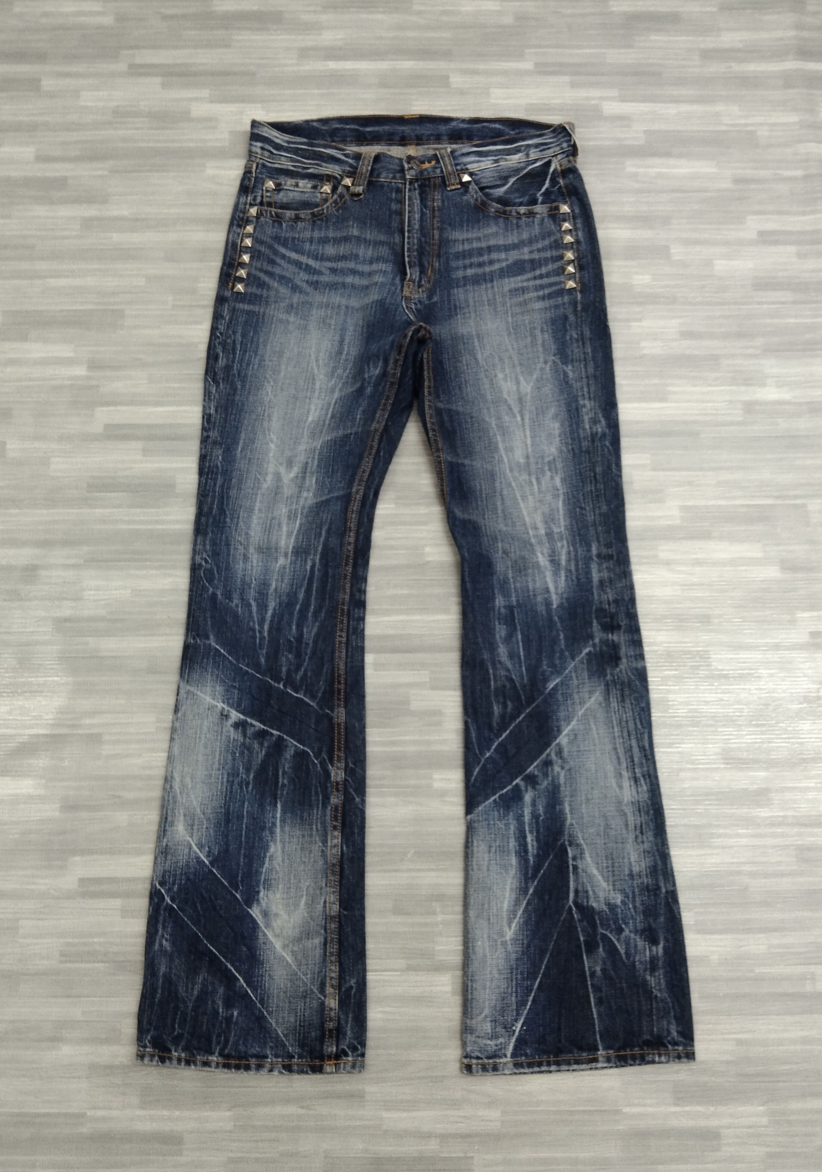 Japanese Brand FLARE🔥SUPER SICK WASHED UNBRAND STUDDED DENIM PANTS Size US 30 / EU 46 - 2 Thumbnail