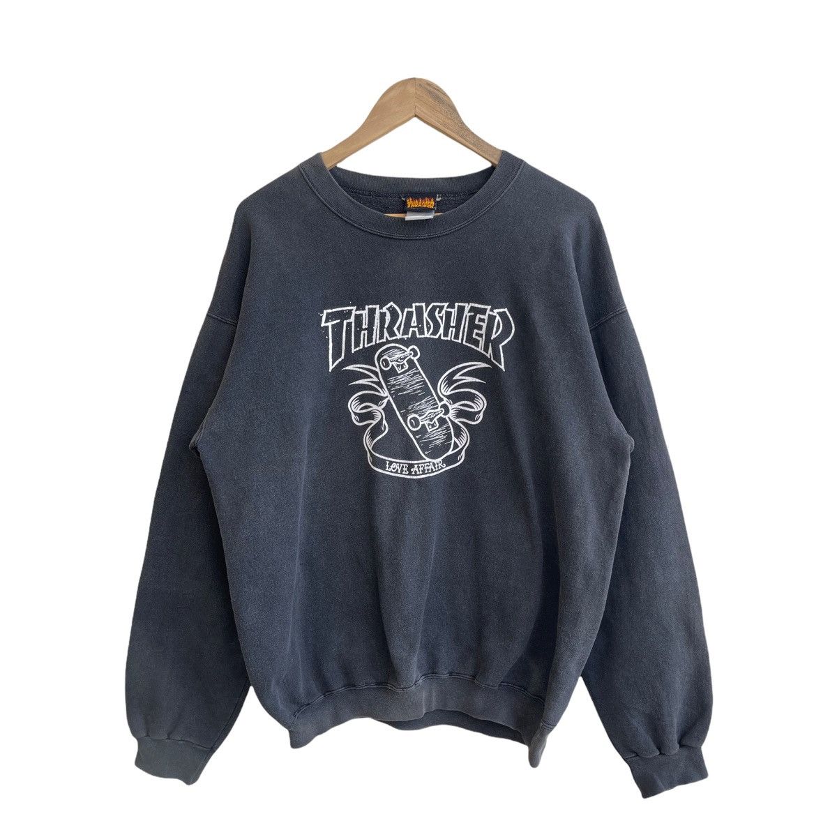 image of Thrasher Love Affair 90's Sweatshirt Sun Faded in Black, Men's (Size Medium)