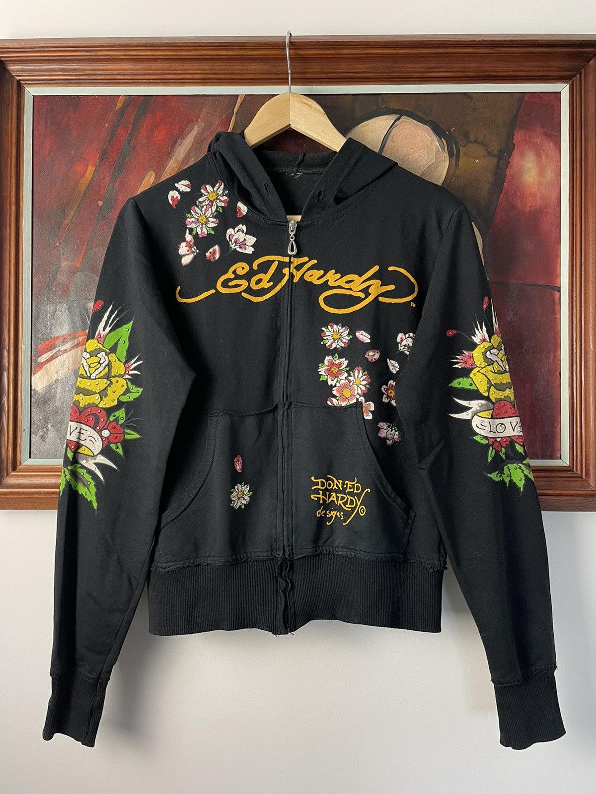 image of Christian Audigier x Ed Hardy Women Zip Hoodie Flowers Y2K Streetwear Drip in Black (Size Small)