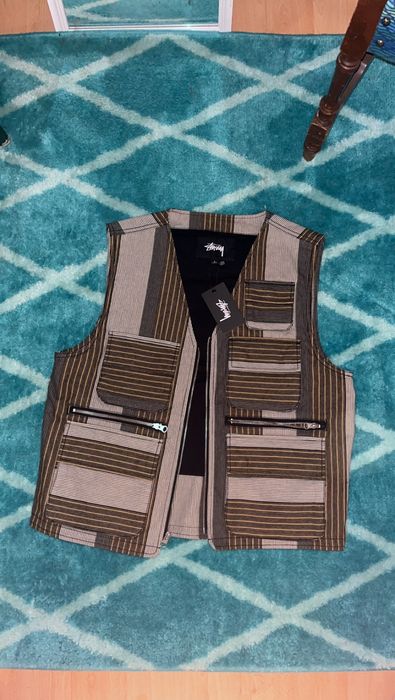 Vintage Stussy Striped Zip-Up Cargo Vest | Grailed