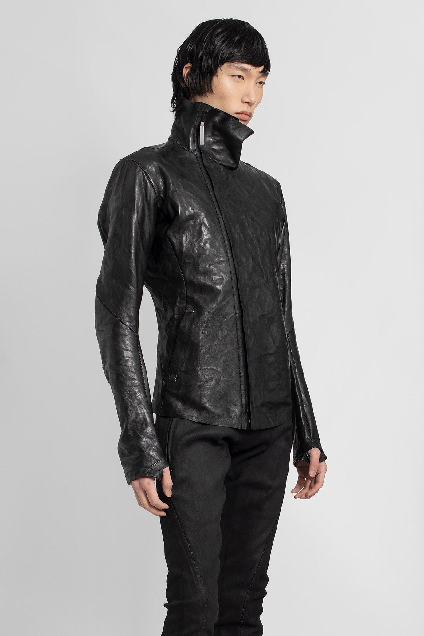 image of Isaac Sellam Experience Black High-Neck Unlined Asymmetric Leather Jacket, Men's (Size Large)