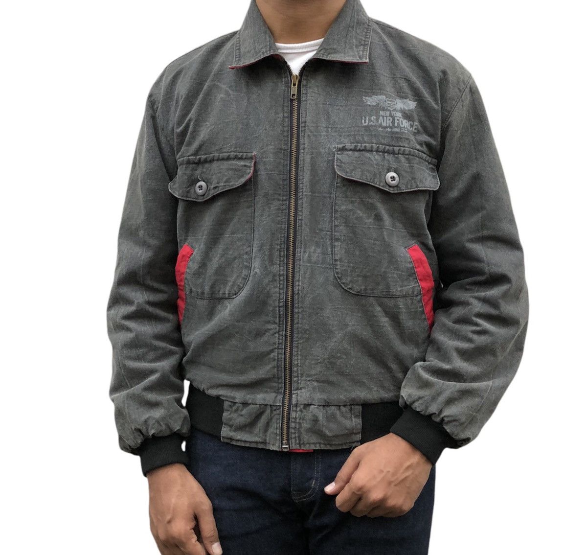 Vintage Vintage 90s NY US.Air Force Design Denim Bomber Jacket Size US M / EU 48-50 / 2 - 5 Thumbnail