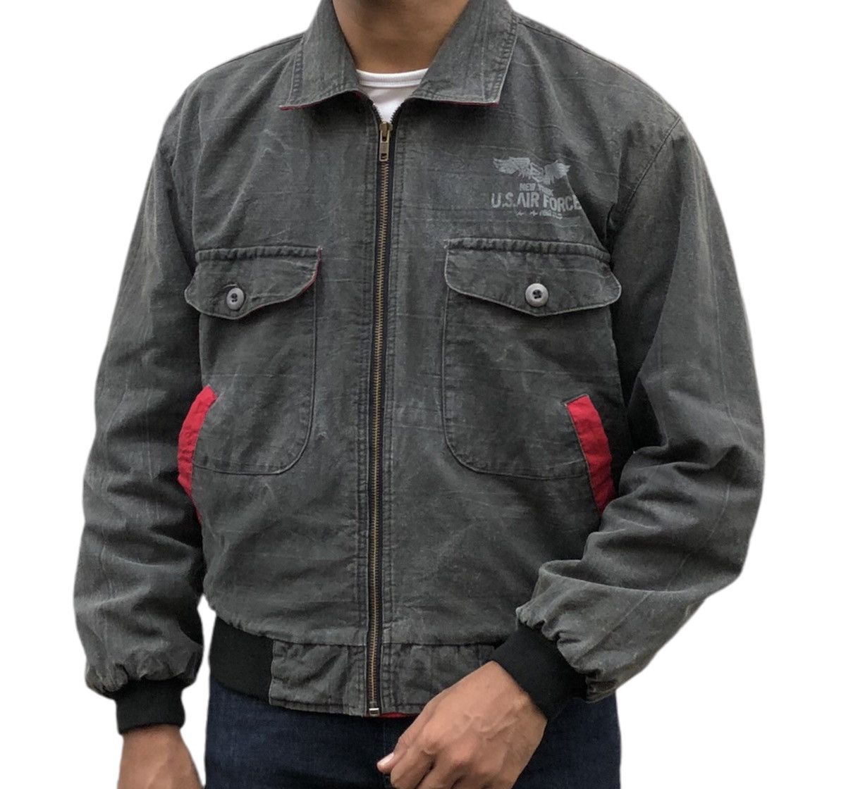 Vintage Vintage 90s NY US.Air Force Design Denim Bomber Jacket Size US M / EU 48-50 / 2 - 1 Thumbnail