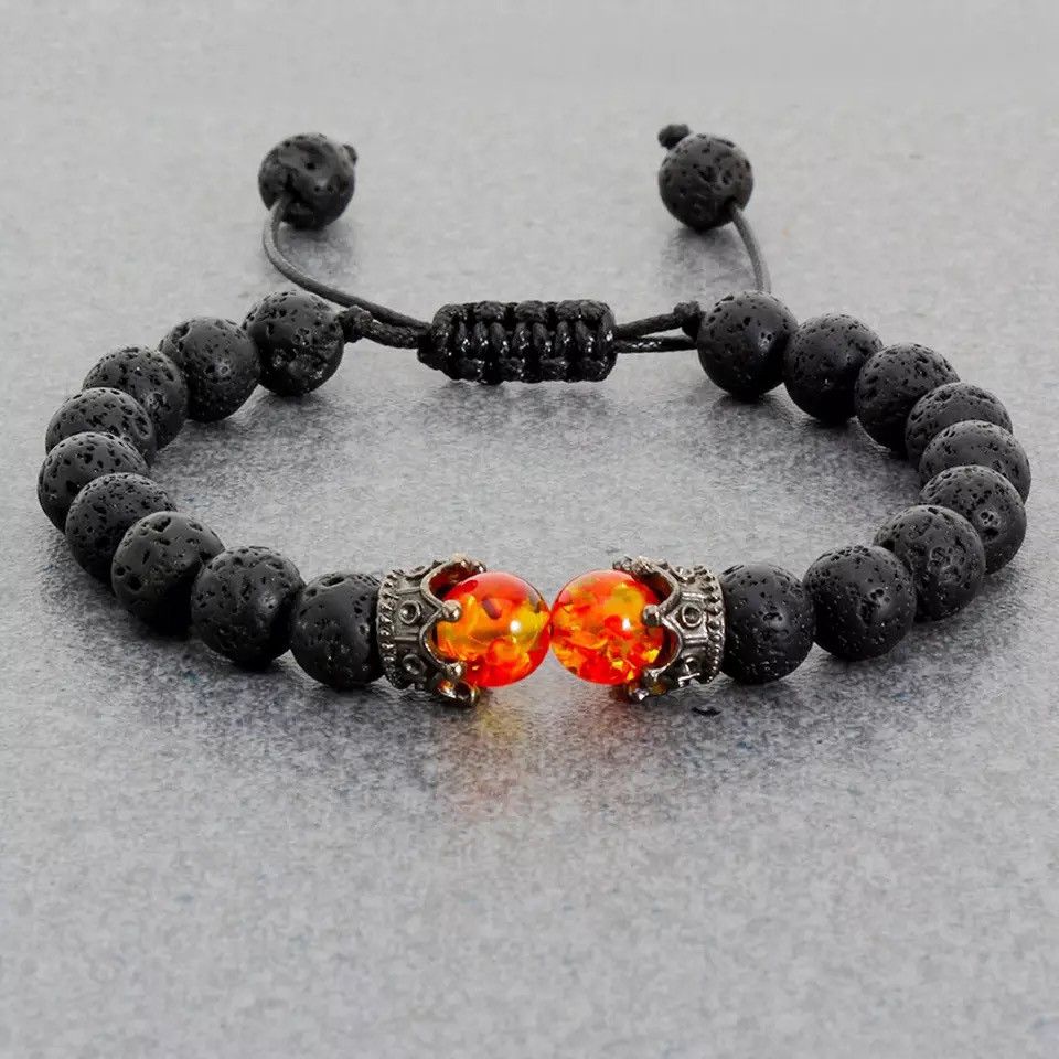 Jewelry Black Lava Stone Crown Charm Tiger Eye Beads Bracelet Size ONE SIZE - 1 Thumbnail