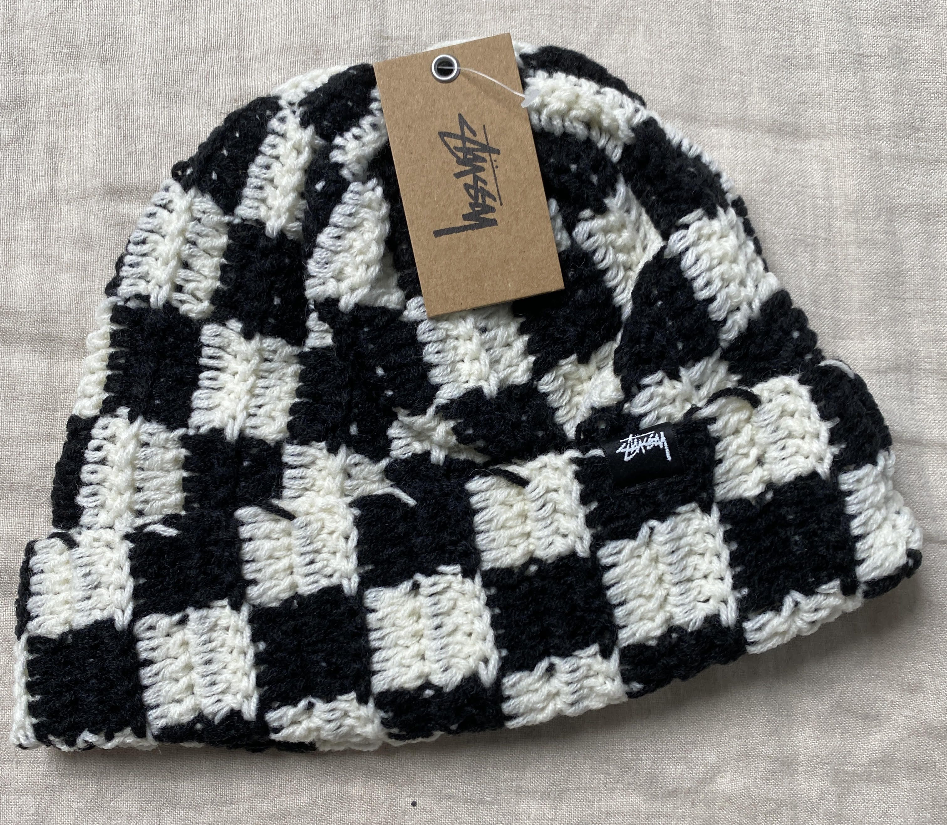 image of Stussy Crochet Checker Beanie - White/black in Black White, Men's