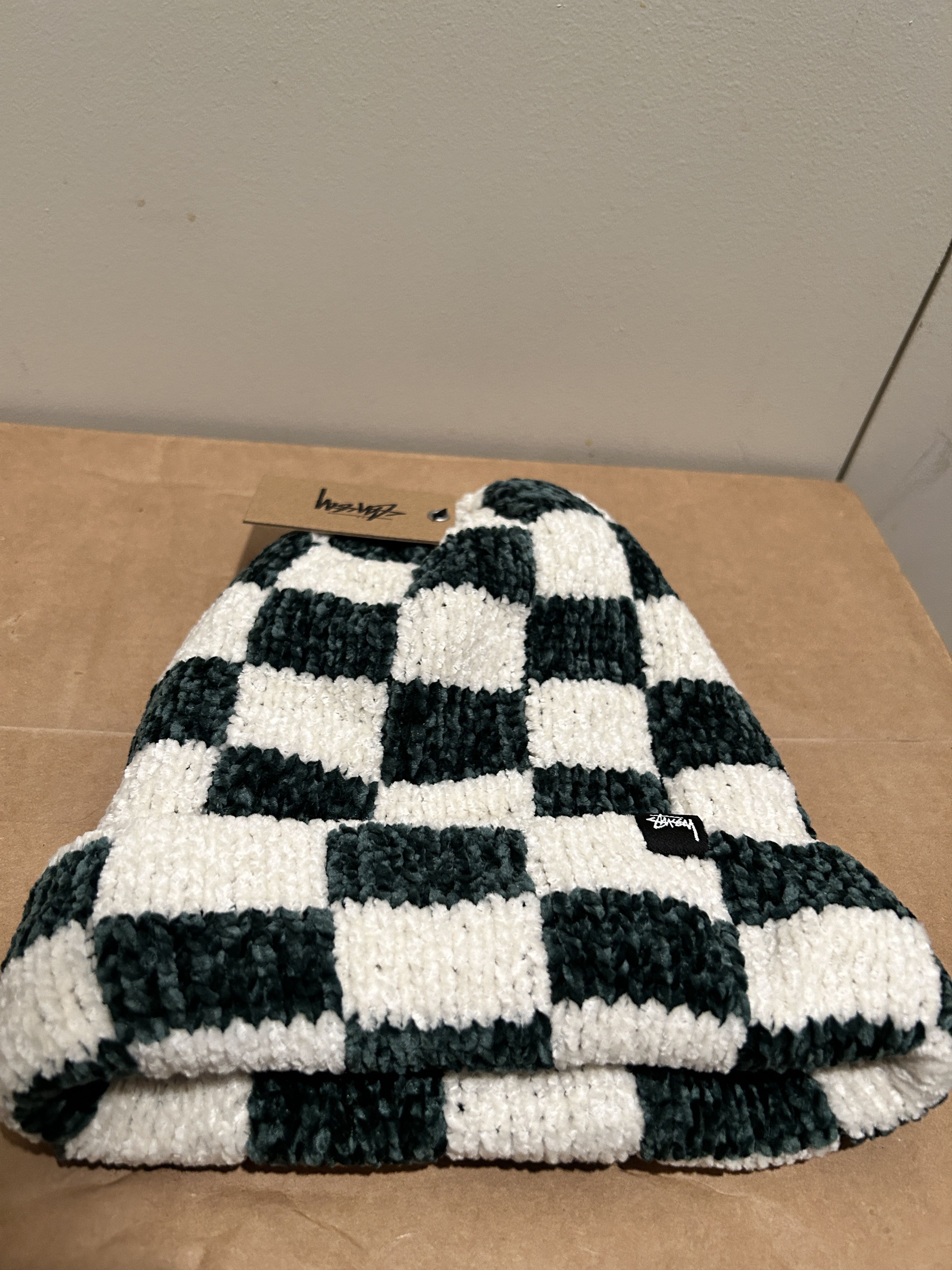 image of Stussy Crochet Checker Beanie in Green White, Men's