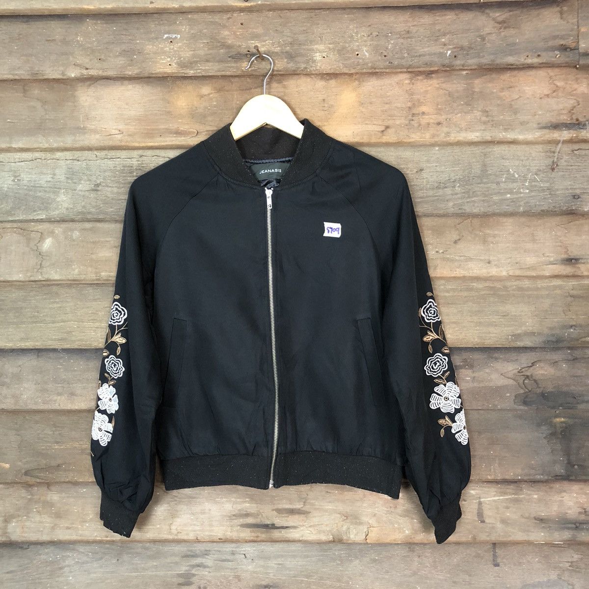 image of Art x Bomber Jacket Jeansis Sleeve Embroidered Flower Black Bombers Jacket 5709, Women's (Size Medi