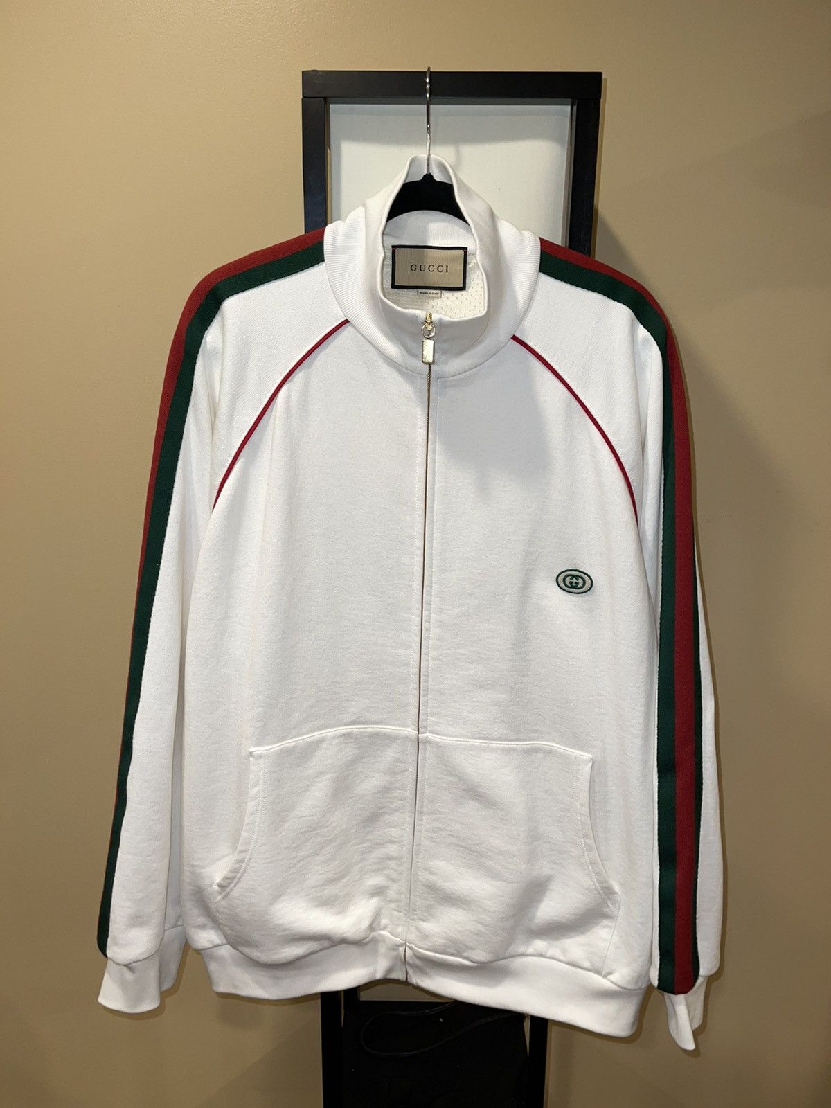 image of Gucci Jersey Zip Up Track Jacket GG White Sweatshirt Web, Men's (Size 2XL)