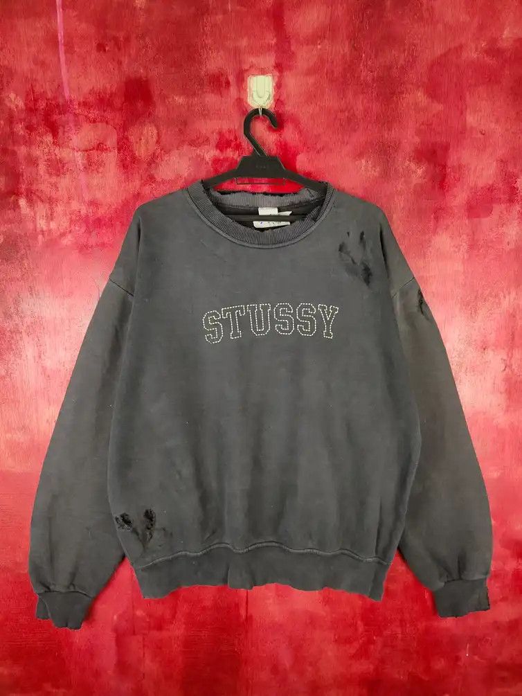 image of Made In USA x Stussy - 21 Faded Dark Blue Distressed Sweatshirt 5414 Dl in Faded Black (Size Large)