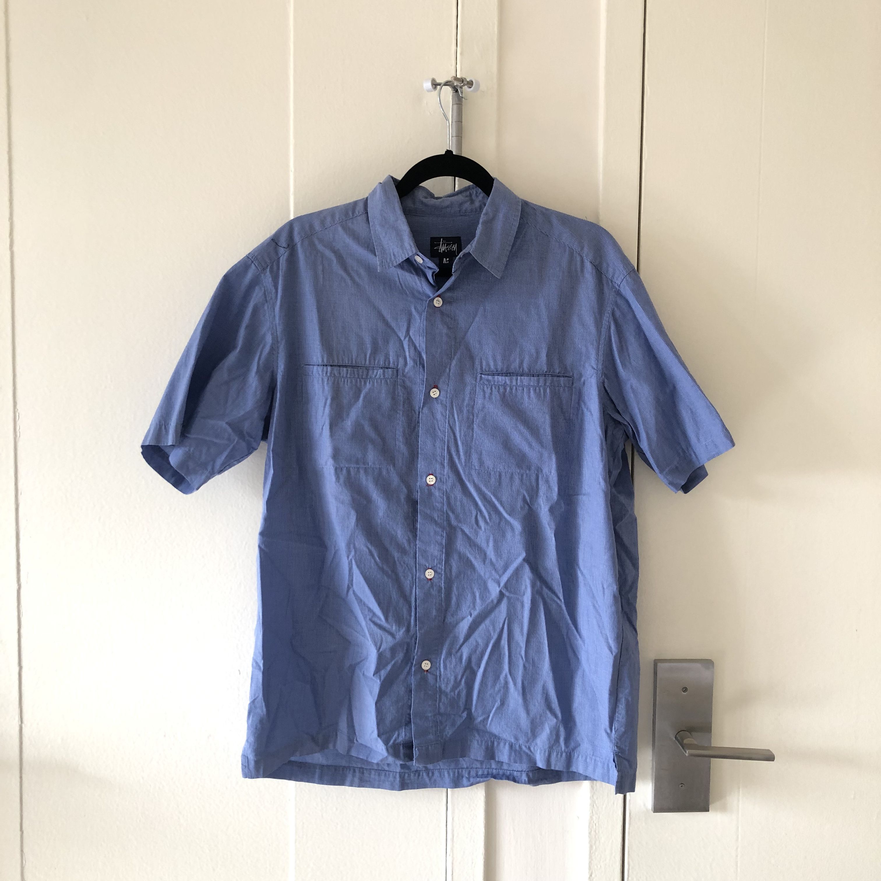 image of Stussy Button Up Shirt in Blue Check, Men's (Size Medium)
