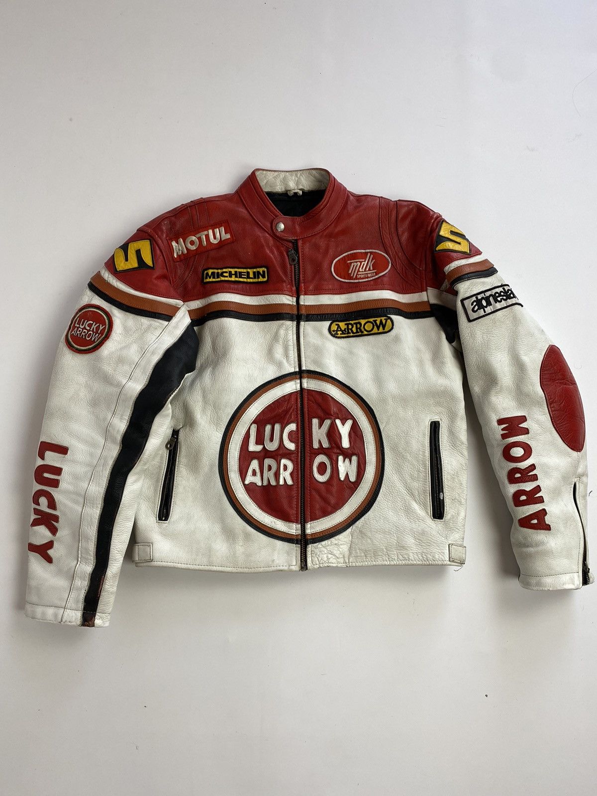 image of Racing x Vintage 90's 'lucky Arrow' Patchwork Moto Racer Leather Jacket in Red White (Size Medium)
