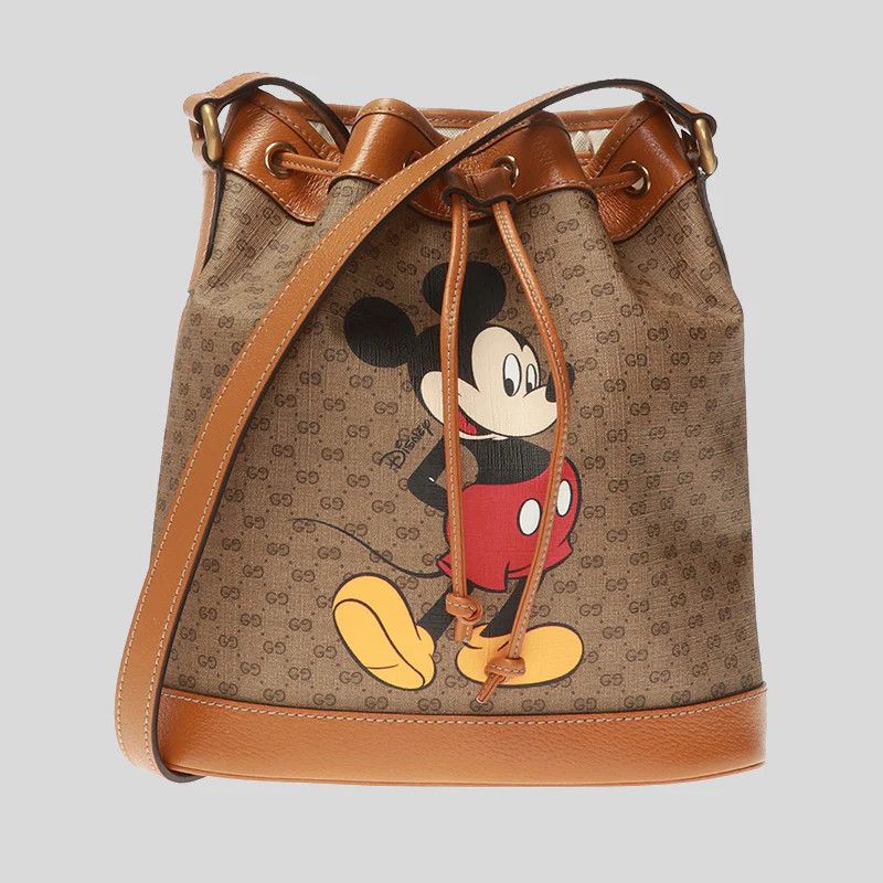 Gucci x Disney Mickey Beige/Brown GG Supreme Monogram Canvas Bucket Bag, Designer Brand, Authentic Gucci