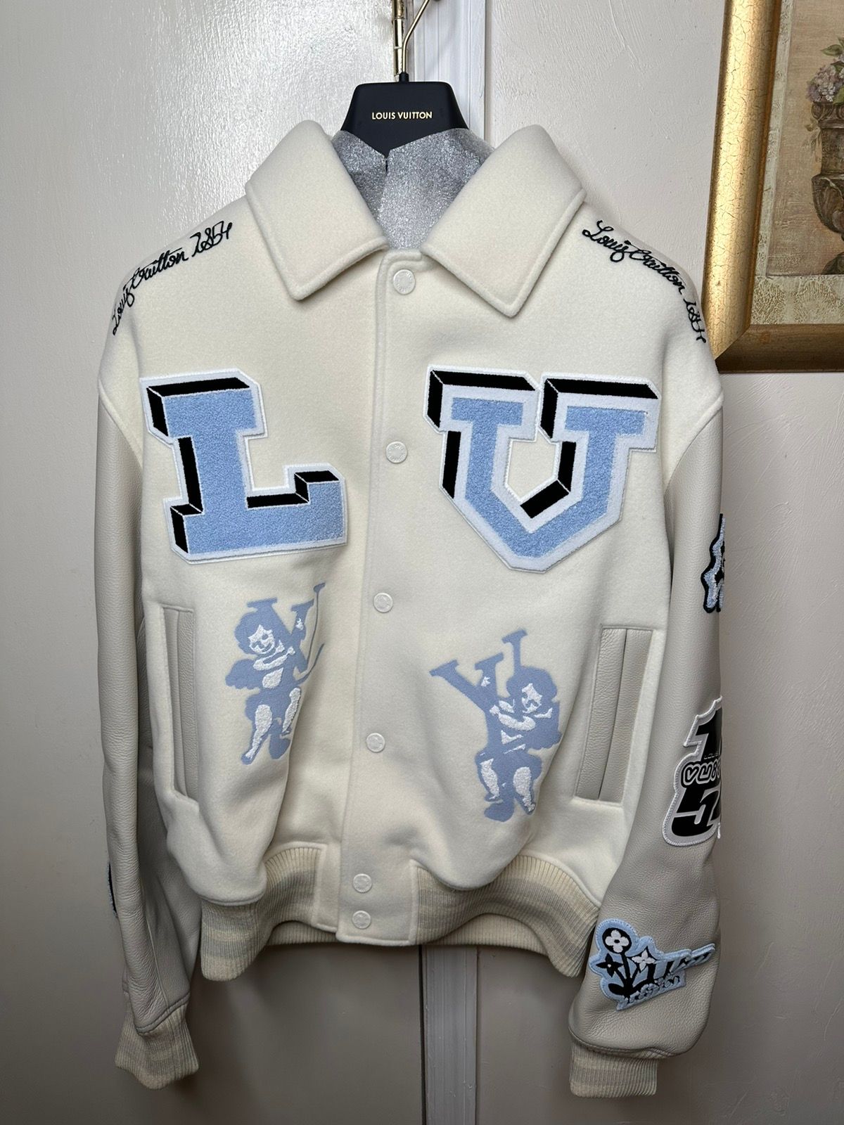 Pre-owned Louis Vuitton Multi-patches Mixed Leather Varsity Jacket In Milky  White
