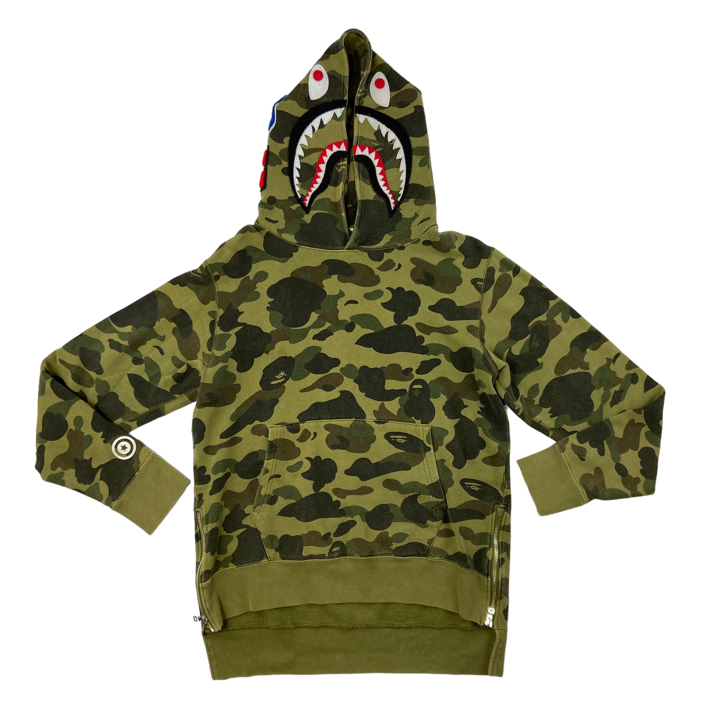 Pre-owned Bape 1st Camo Pullover Shark Hoodie In Green Camo