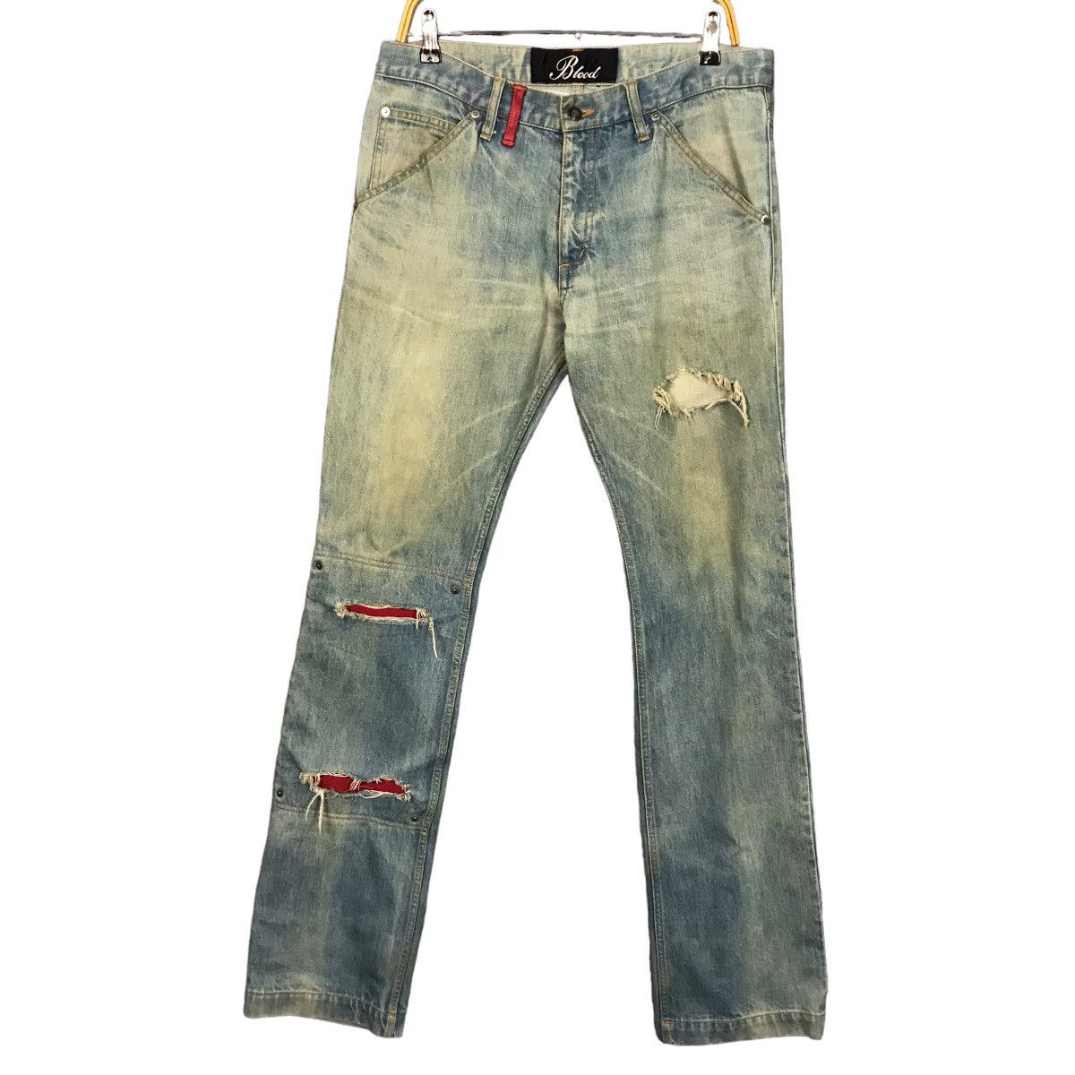 image of Patchwork Leather Blood Japanese Distressed Denim Pants, Men's (Size 32)