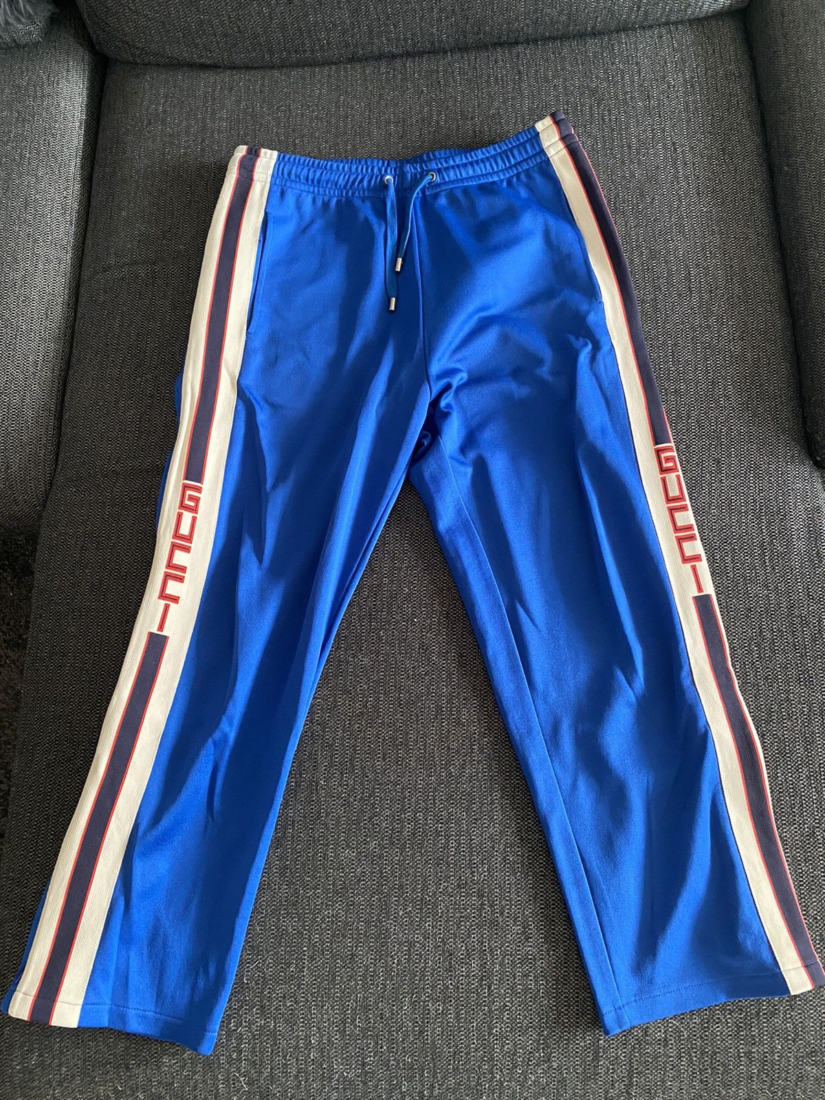 Gucci Logo Stripe Retro Blue Nylon Track Pants